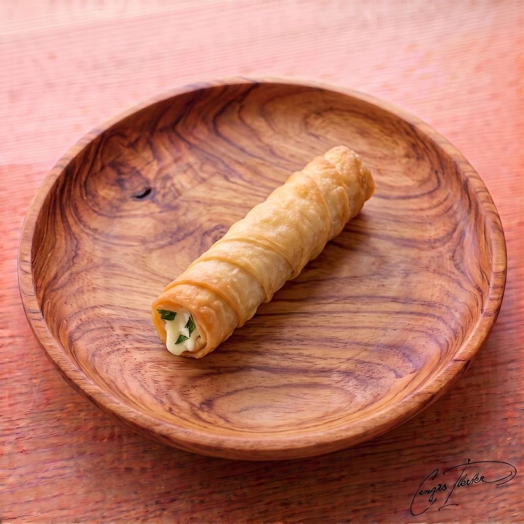 A single golden-fried sigara böreği (cigar-shaped pastry) resting on a carved wooden plate, with melted white cheese and herbs visible at the open end.