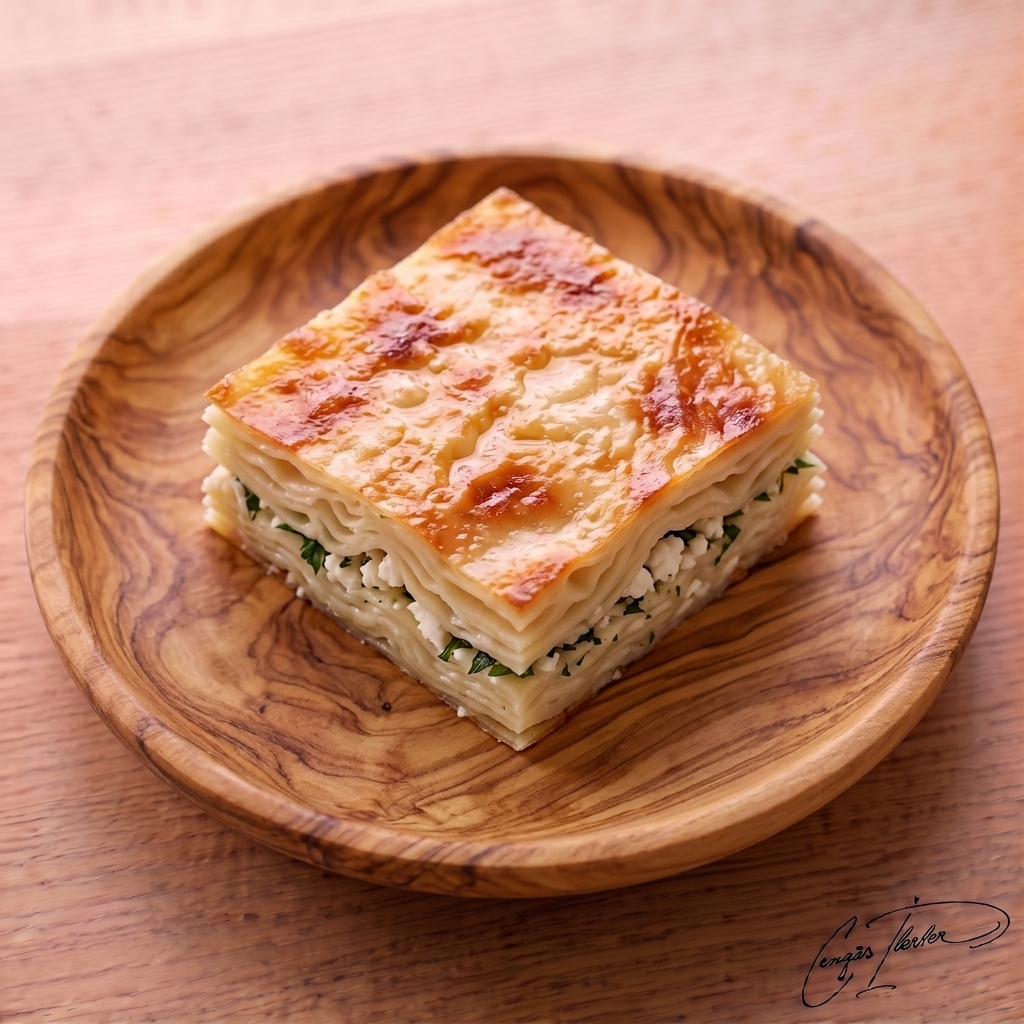 A thick, square slice of su böreği (water pastry) on a carved wooden plate, revealing multiple rippled layers of soft dough filled with white cheese and parsley, under a golden-brown, blistered crust.
