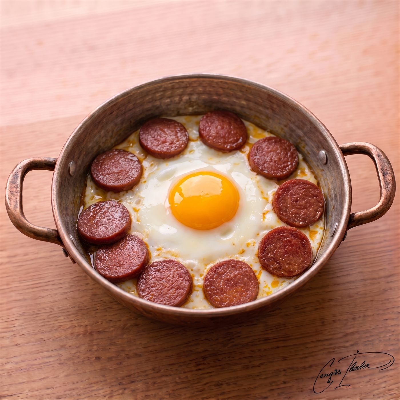 A traditional Turkish copper pan (sahan) holding a perfectly fried sunny-side-up egg in the center, encircled by round slices of fried sucuk (spicy Turkish sausage) releasing their vibrant red oil.