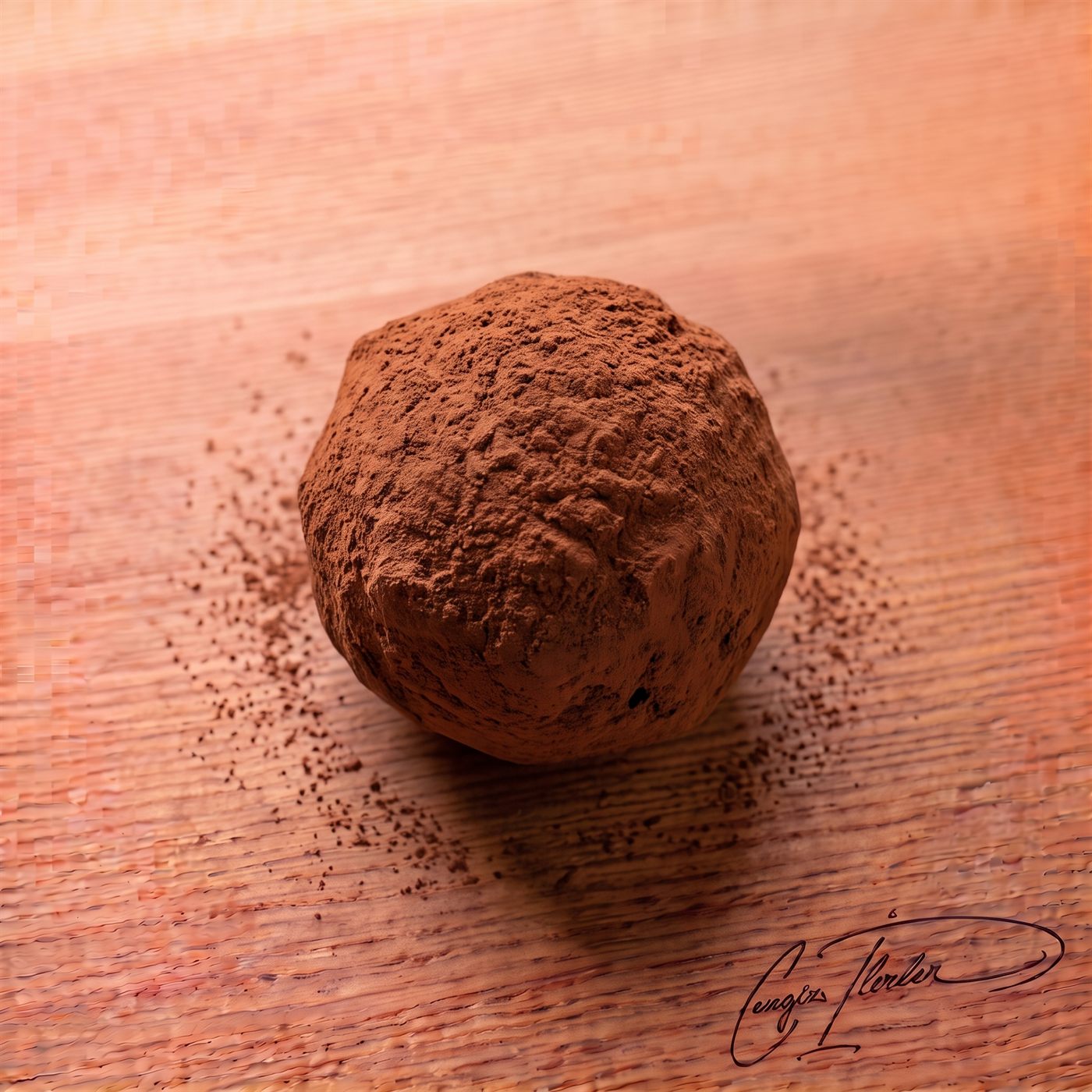 A round cocoa-dusted chocolate truffle on a white plate on a wooden table.