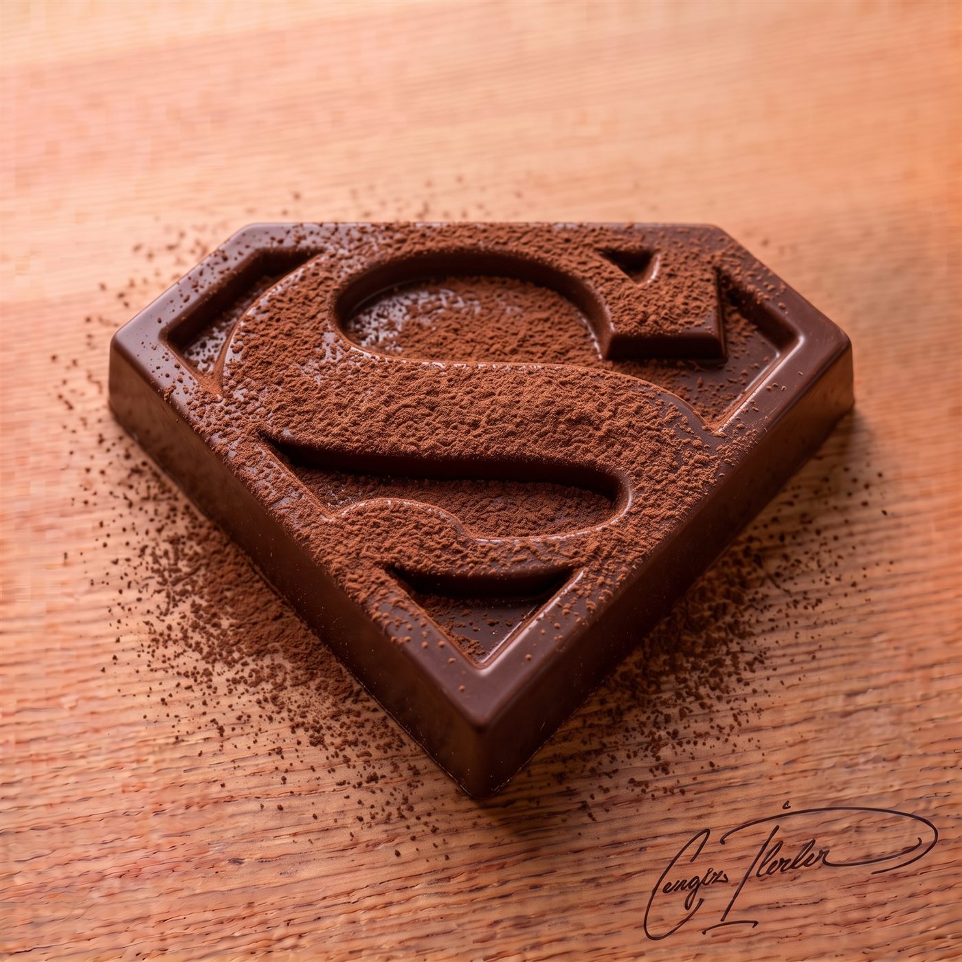 A chocolate bar molded as the Superman shield, dusted with cocoa powder.