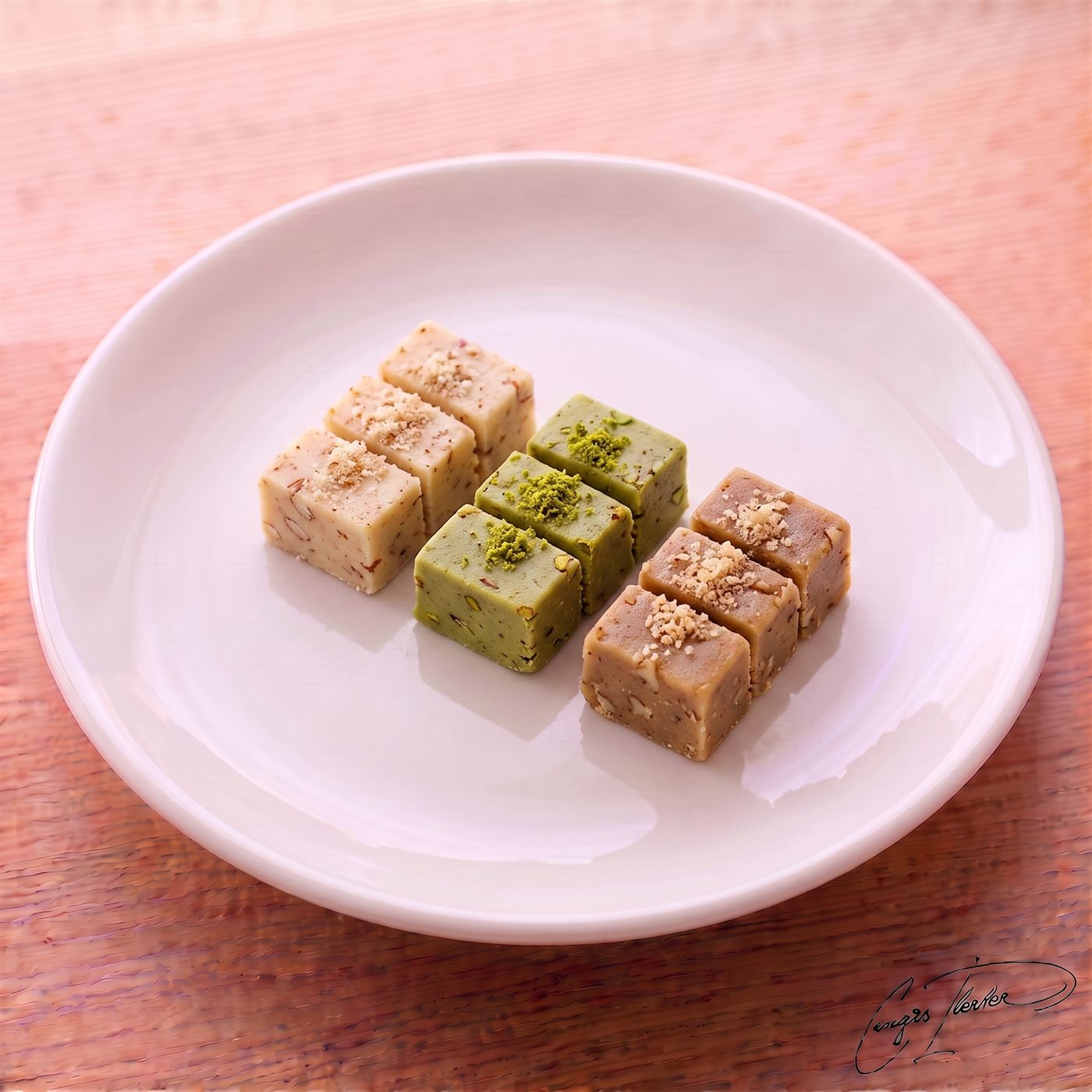 Small, dense squares of traditional Turkish nut pastes — pale almond, bright green pistachio, and brown walnut — neatly arranged on a white plate.