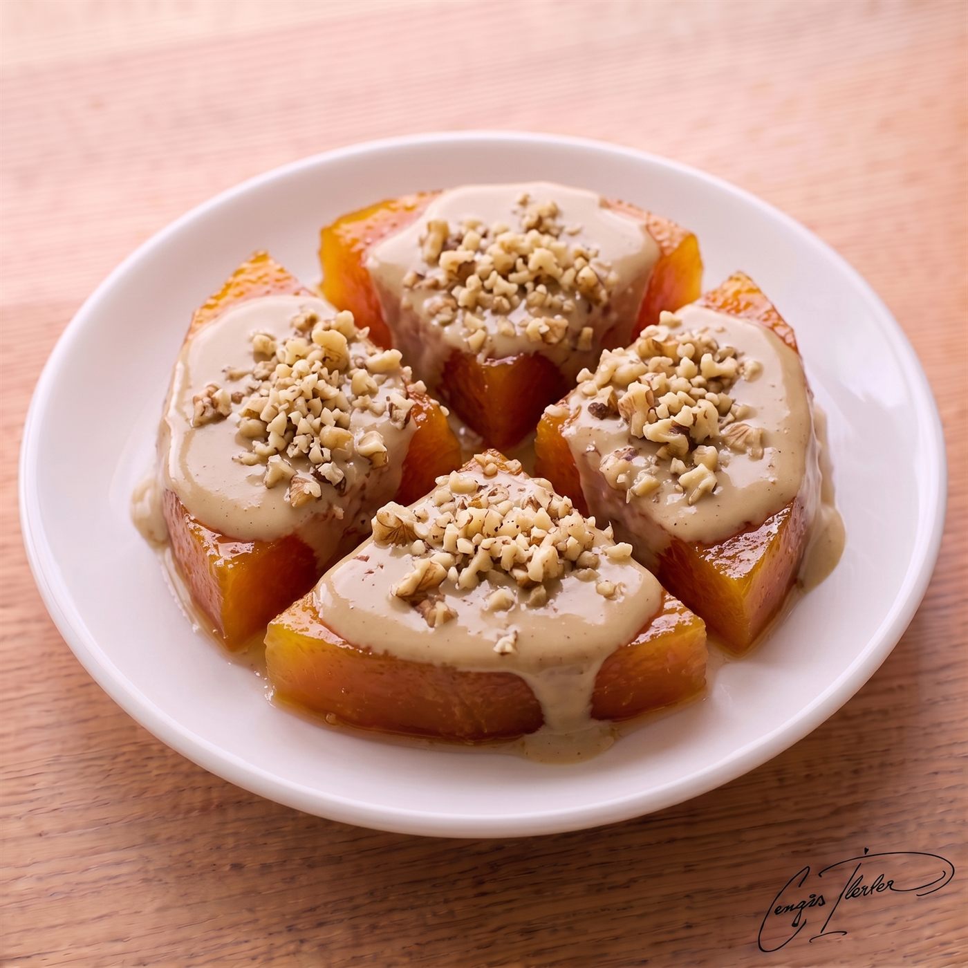 Four thick, vibrant orange slices of candied pumpkin arranged in a circle on a white plate, generously drizzled with creamy tahini and topped with crushed walnuts.