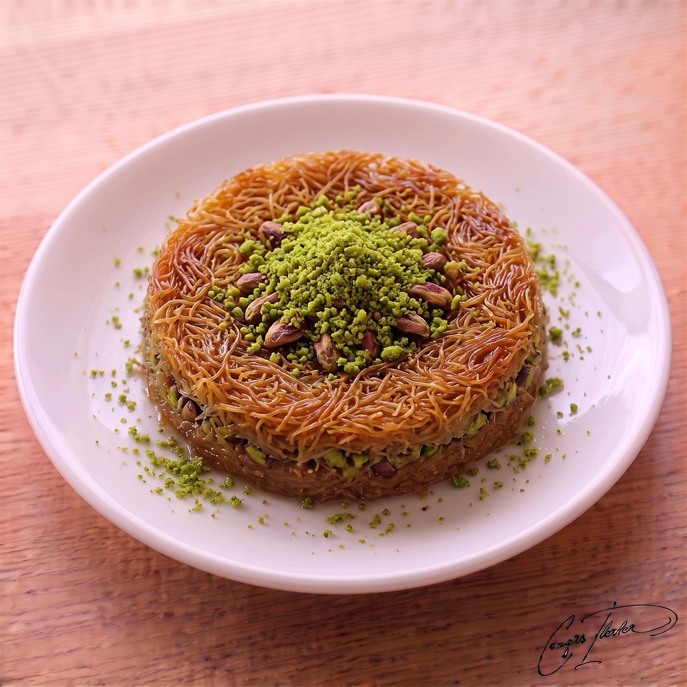A slice of kadayıf — golden shredded pastry soaked in syrup and topped with ground pistachio — on a white plate on a wooden table.