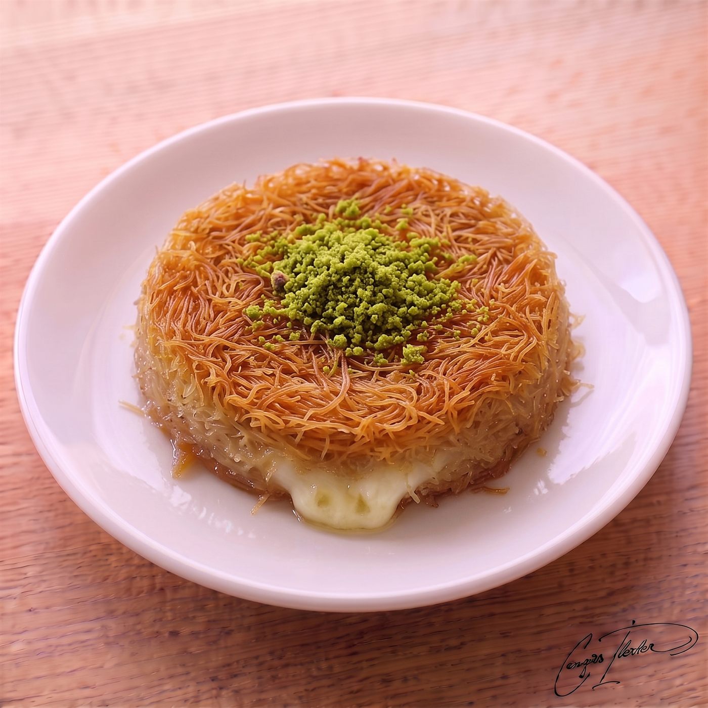 A round künefe — crisp golden shredded pastry over a molten cheese center, soaked in syrup and crowned with ground pistachio — on a white plate on a wooden table.