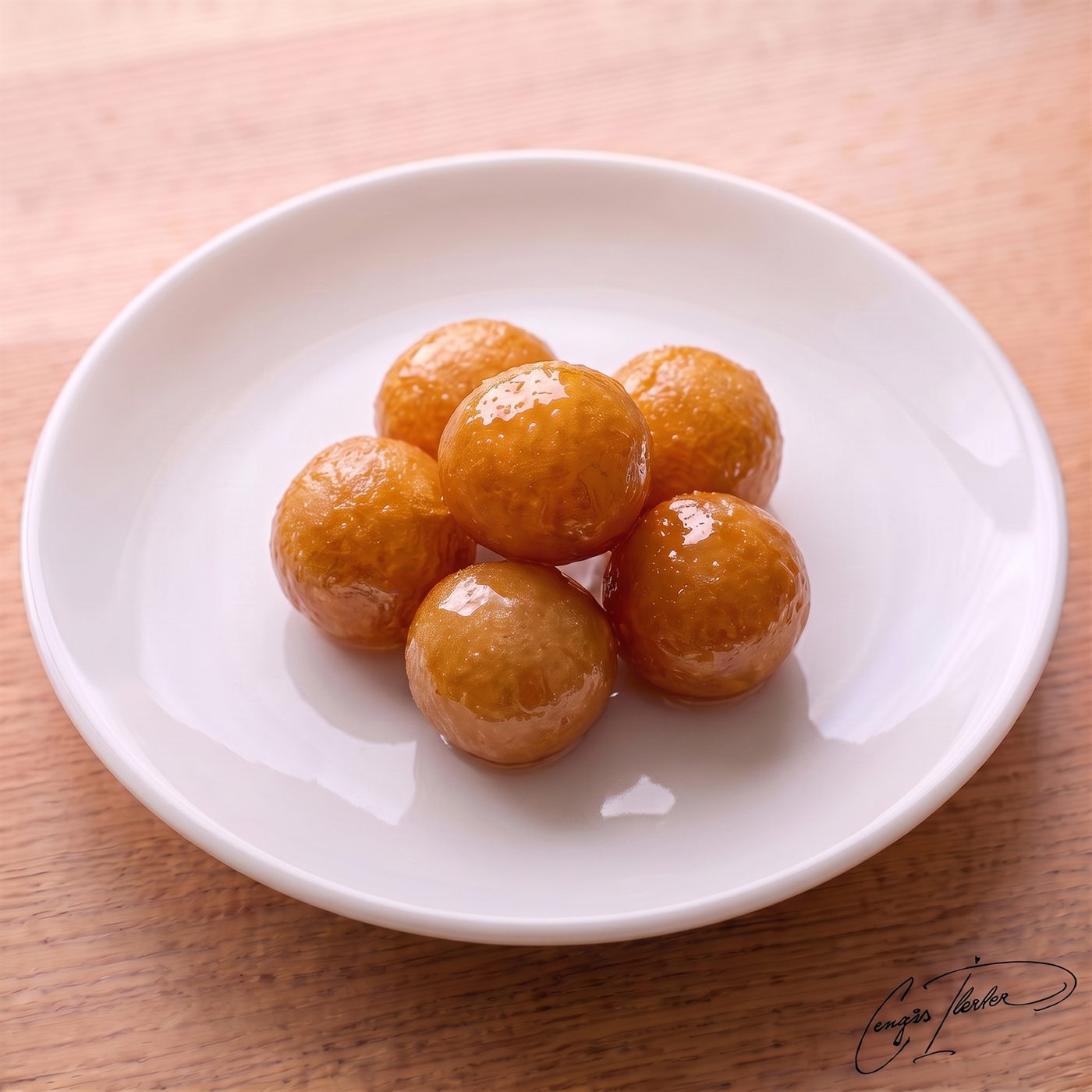 Six golden, round lokma — fried sweet dough balls — neatly stacked on a white plate, gleaming with a coating of thick, sweet syrup.
