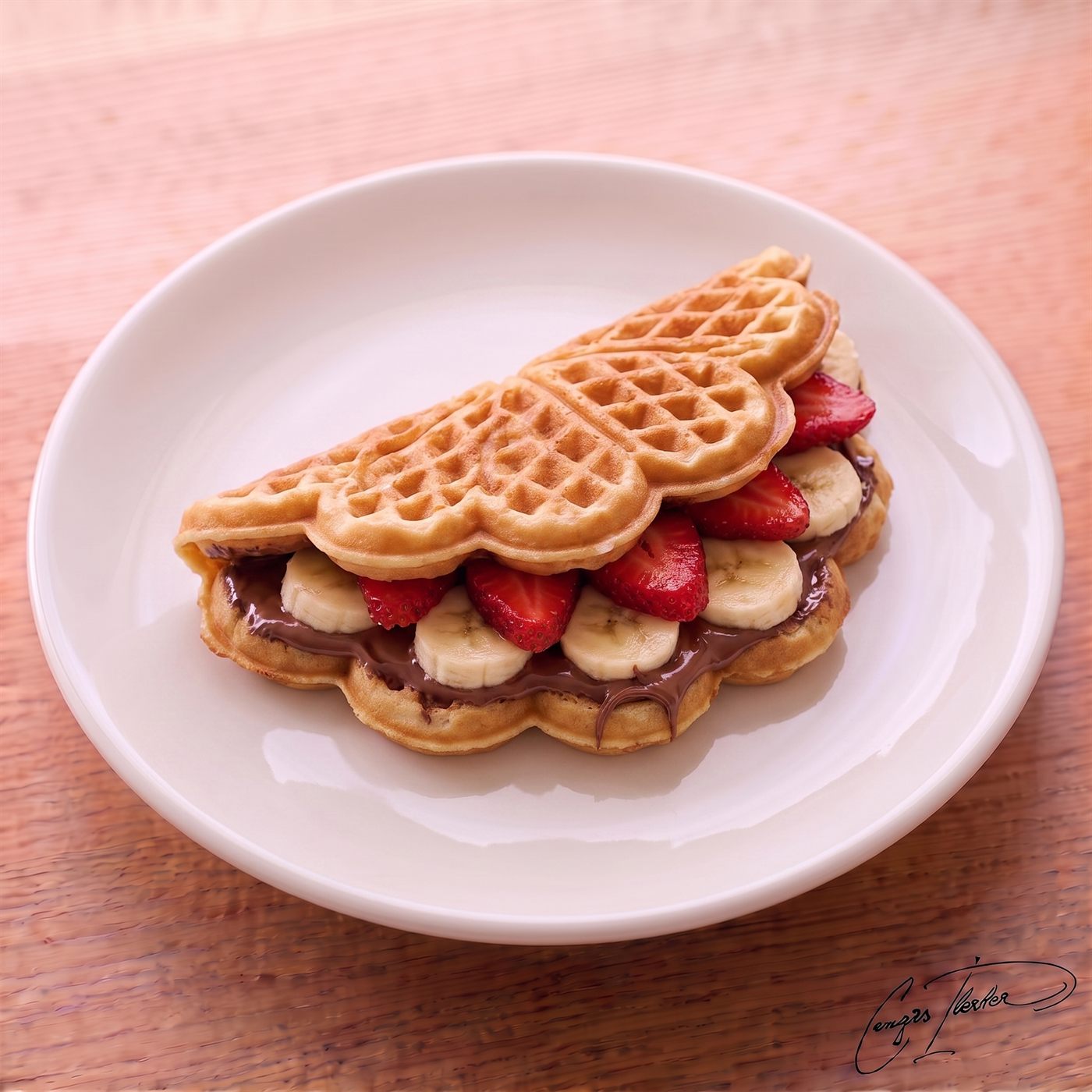 A classic Turkish street-style waffle on a white plate, featuring a large, soft heart-shaped waffle folded in half like a sandwich, generously stuffed with melted chocolate, sliced bananas, and fresh strawberries.