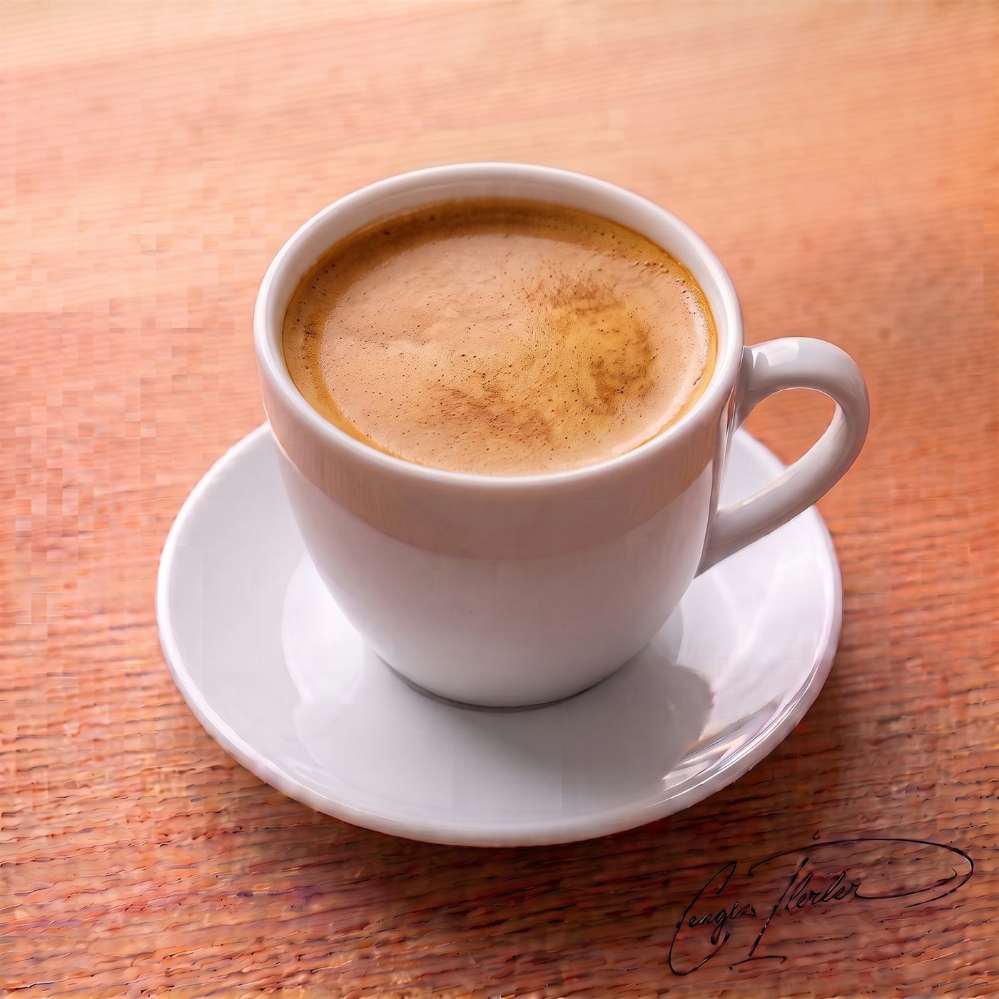 A freshly brewed Americano coffee with a rich, golden crema, served in a classic white ceramic cup and saucer.