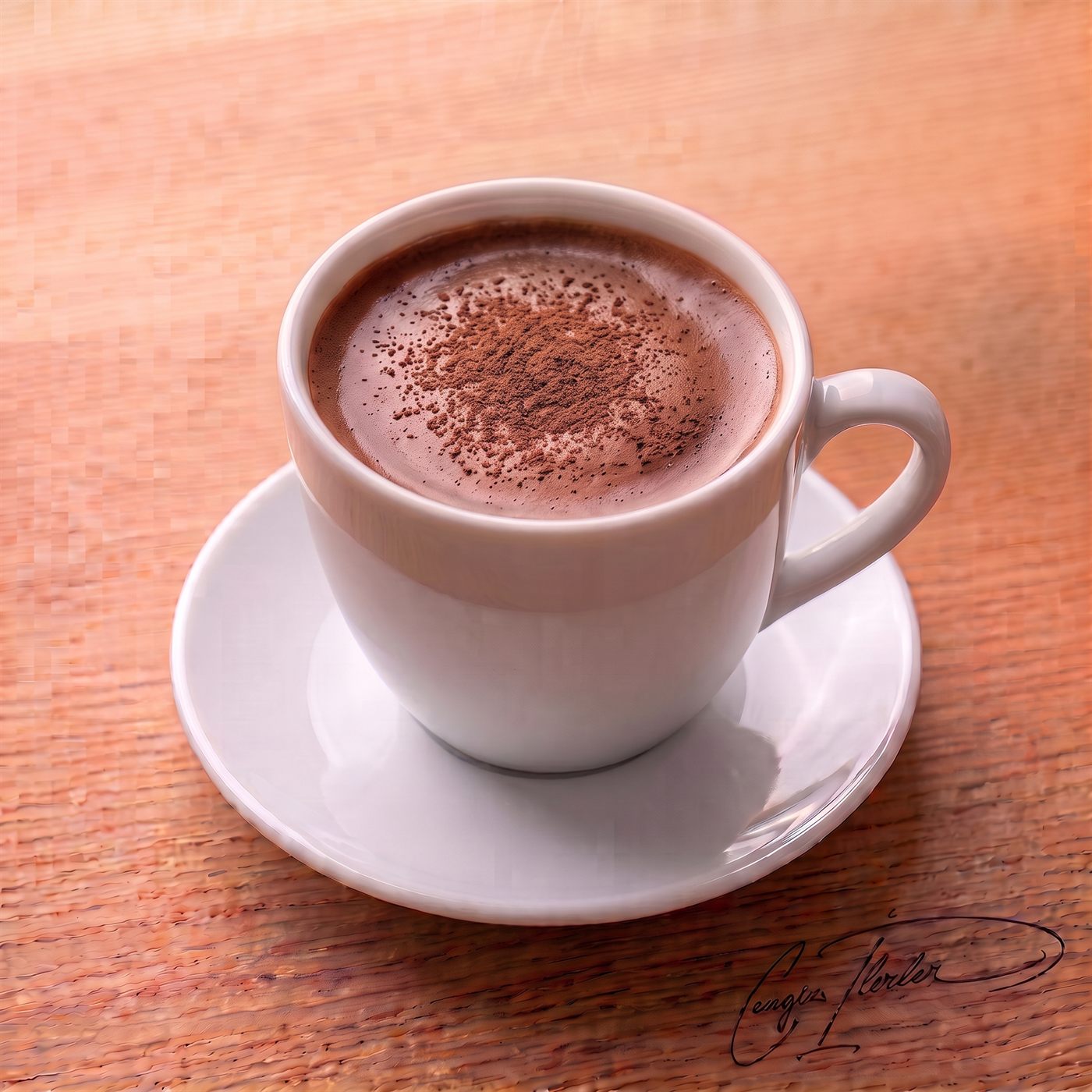 A white cup of dark hot chocolate dusted with cocoa, steam rising.