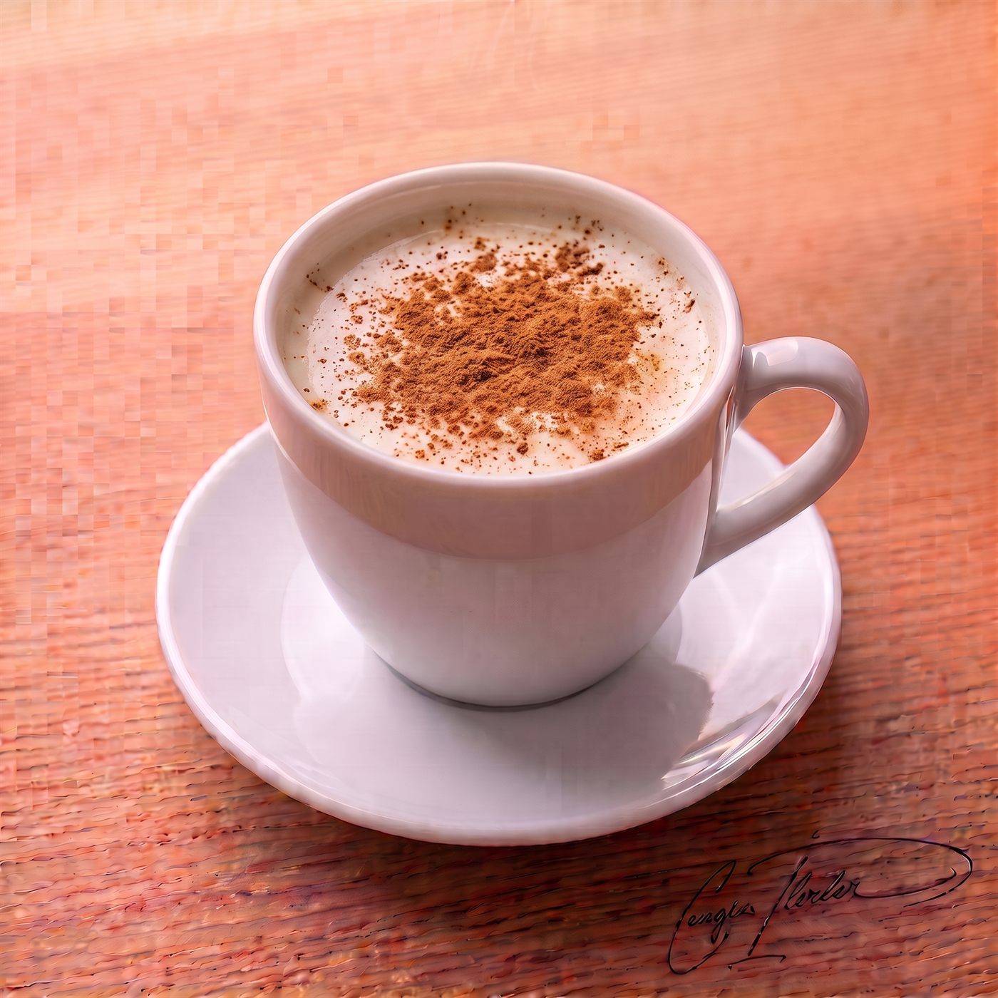 A white cup of sahlep crowned with a cinnamon spiral, steam rising.