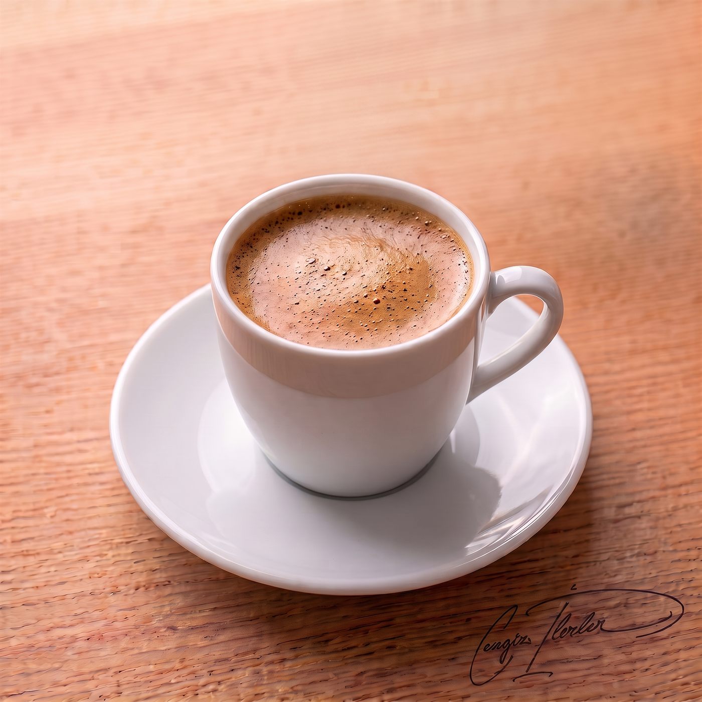 A steaming cup of Turkish coffee with a fine foam, on a white saucer.