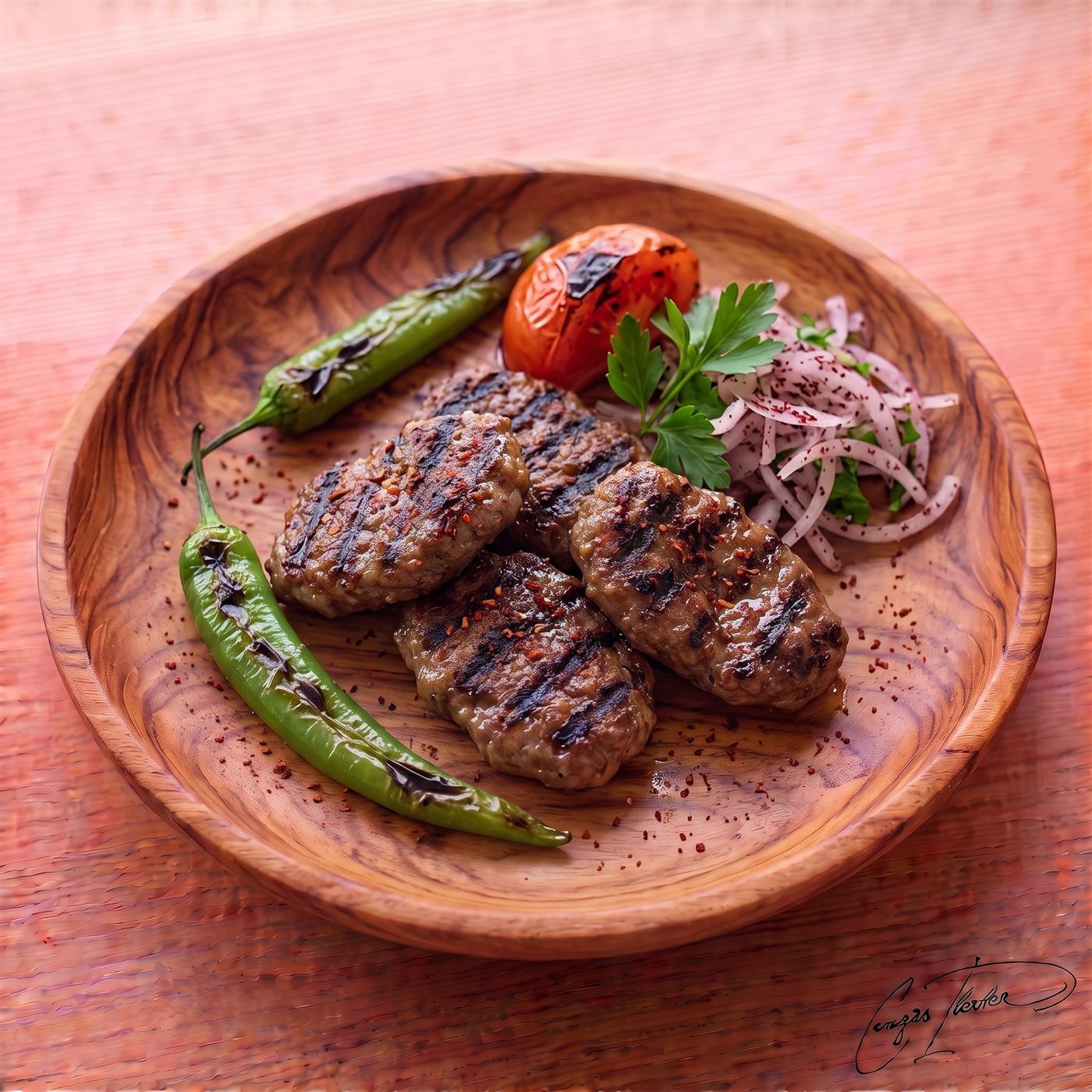 Five oval-shaped, grilled cızbız köfte with distinct char marks, served on a carved wooden plate alongside grilled green peppers, a charred tomato half, and a red onion and parsley salad.