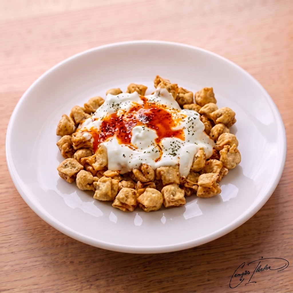 A white plate of Feraye mantı (crispy fried Turkish dumplings) piled high, topped with garlic yogurt, red pepper oil, and a sprinkle of dried mint.