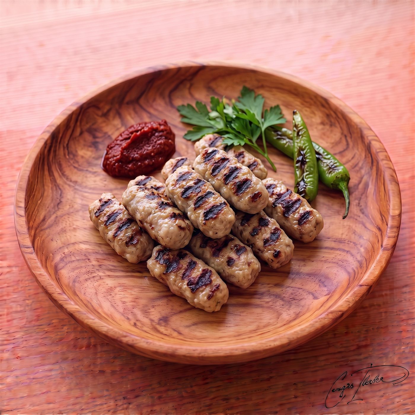 A neat pile of finger-shaped, grilled İnegöl köfte with prominent grill marks, served on a carved wooden plate with grilled green peppers, fresh parsley, and a dollop of red pepper paste.