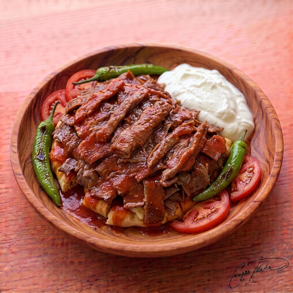 A carved wooden plate of İskender kebap — thin slices of döner meat over pita bread, generously drenched in tomato sauce and served with a side of yogurt and grilled green peppers.