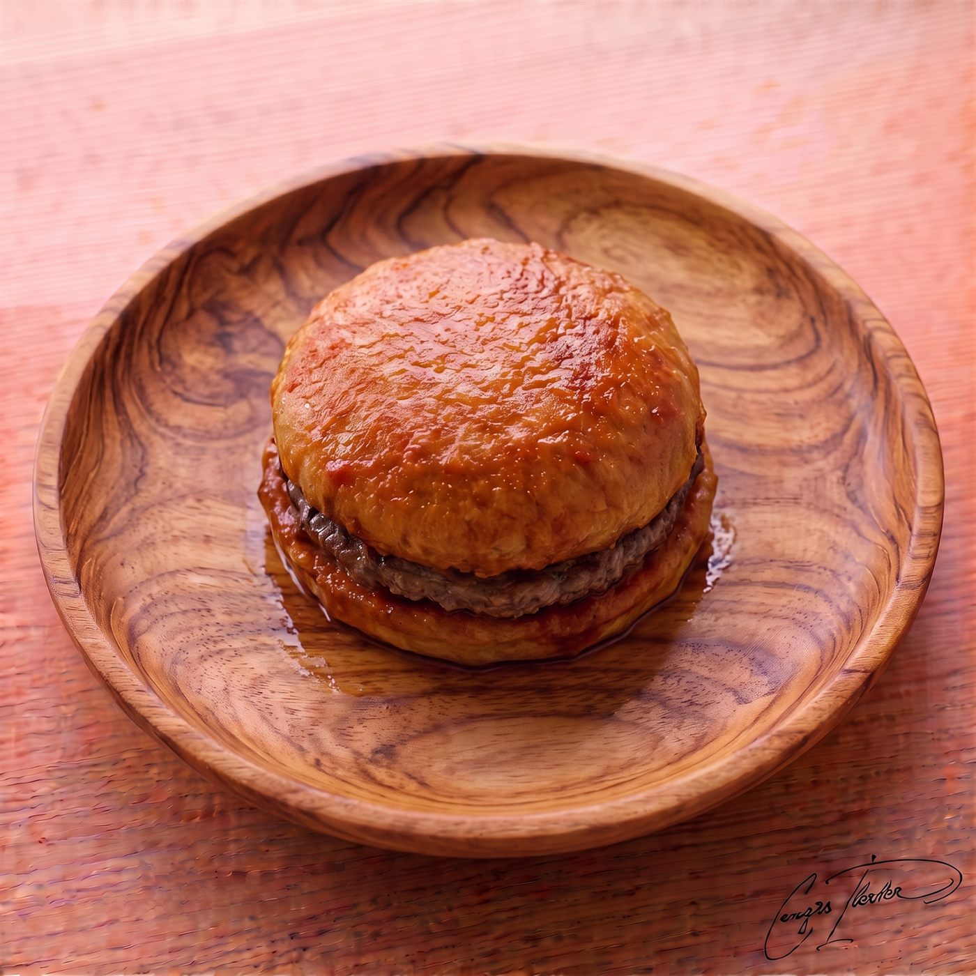 A single Turkish islak burger on a carved wooden plate — its soft buns heavily steamed and soaked in a glossy, garlicky tomato sauce.