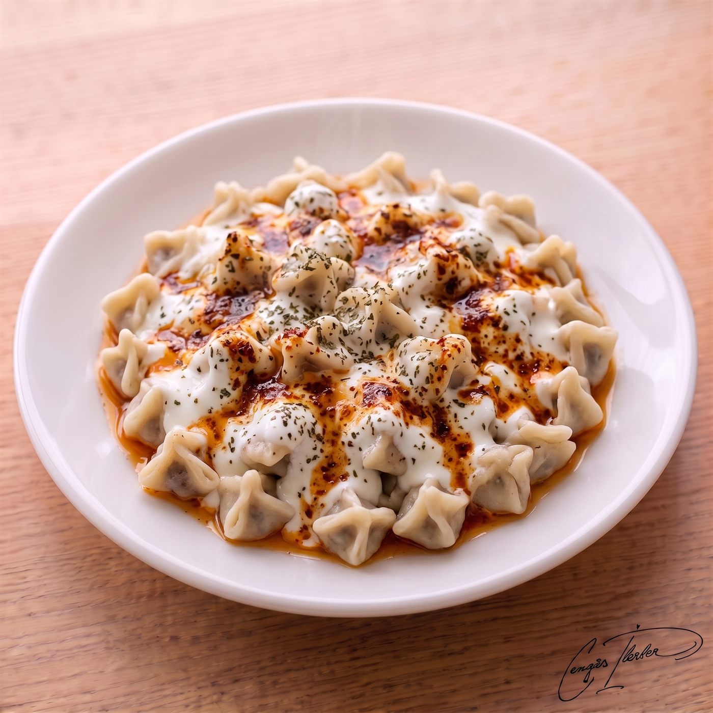 A white plate of classic Kayseri mantısı (Turkish dumplings) topped with a generous layer of garlic yogurt, drizzled with red pepper oil, and sprinkled with dried mint.