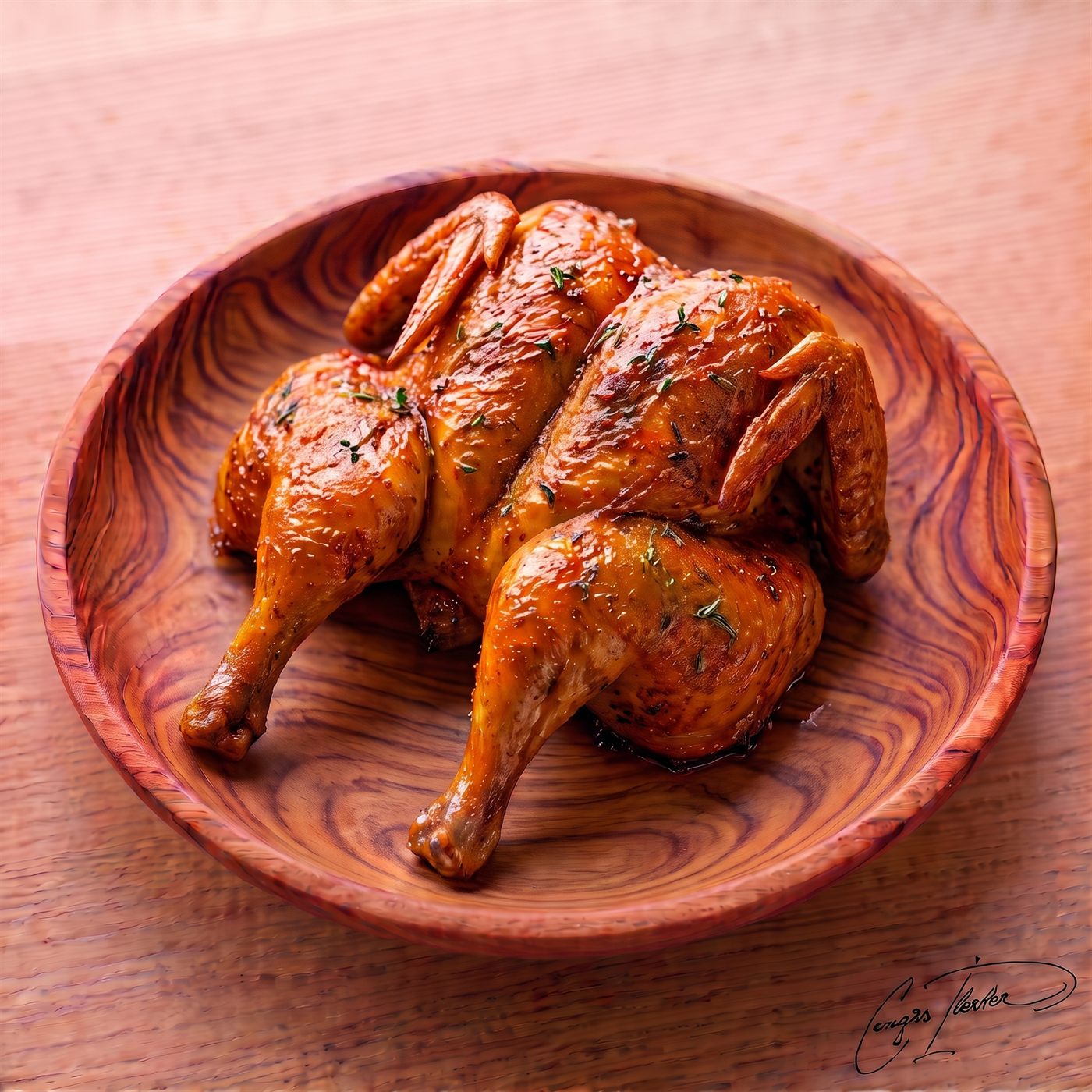 A whole roasted chicken baked to a golden brown, glistening with juices and sprinkled with fresh thyme, served in a carved wooden bowl.