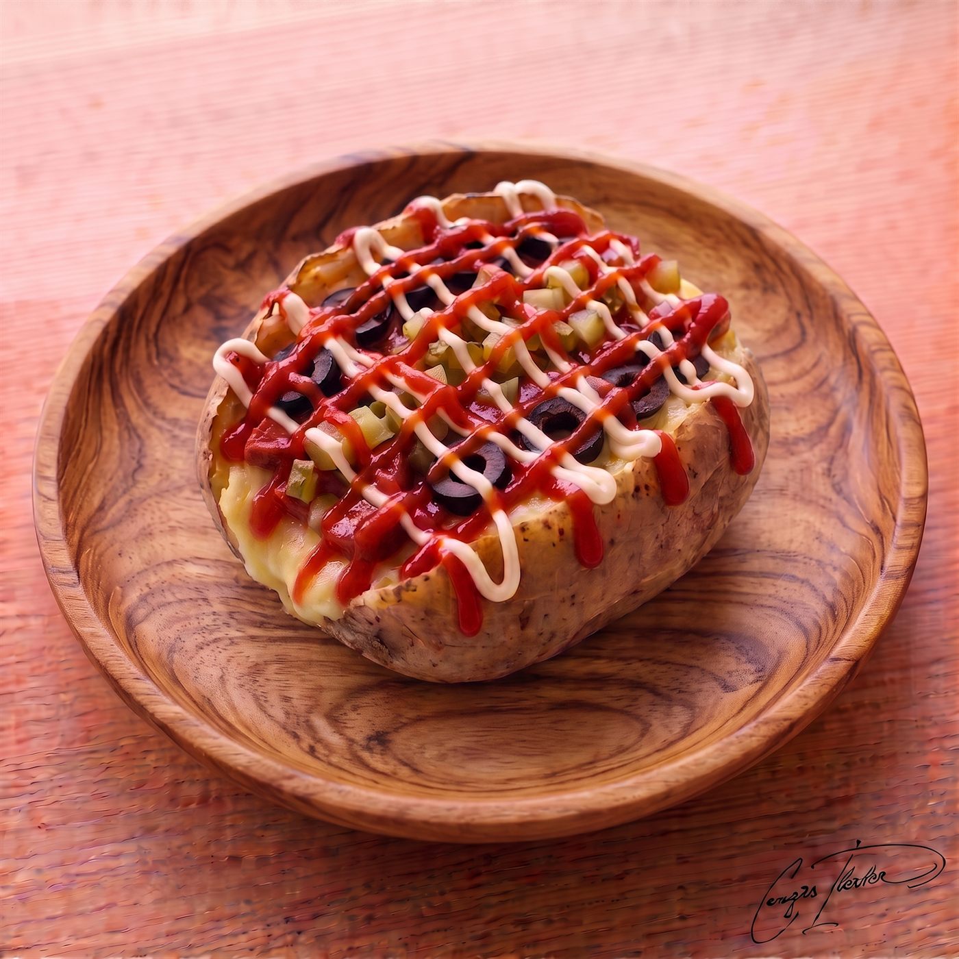 A large, fluffy Turkish baked potato on a carved wooden plate, loaded with melted cheese, black olives, chopped pickles, and a criss-cross drizzle of ketchup and mayonnaise.