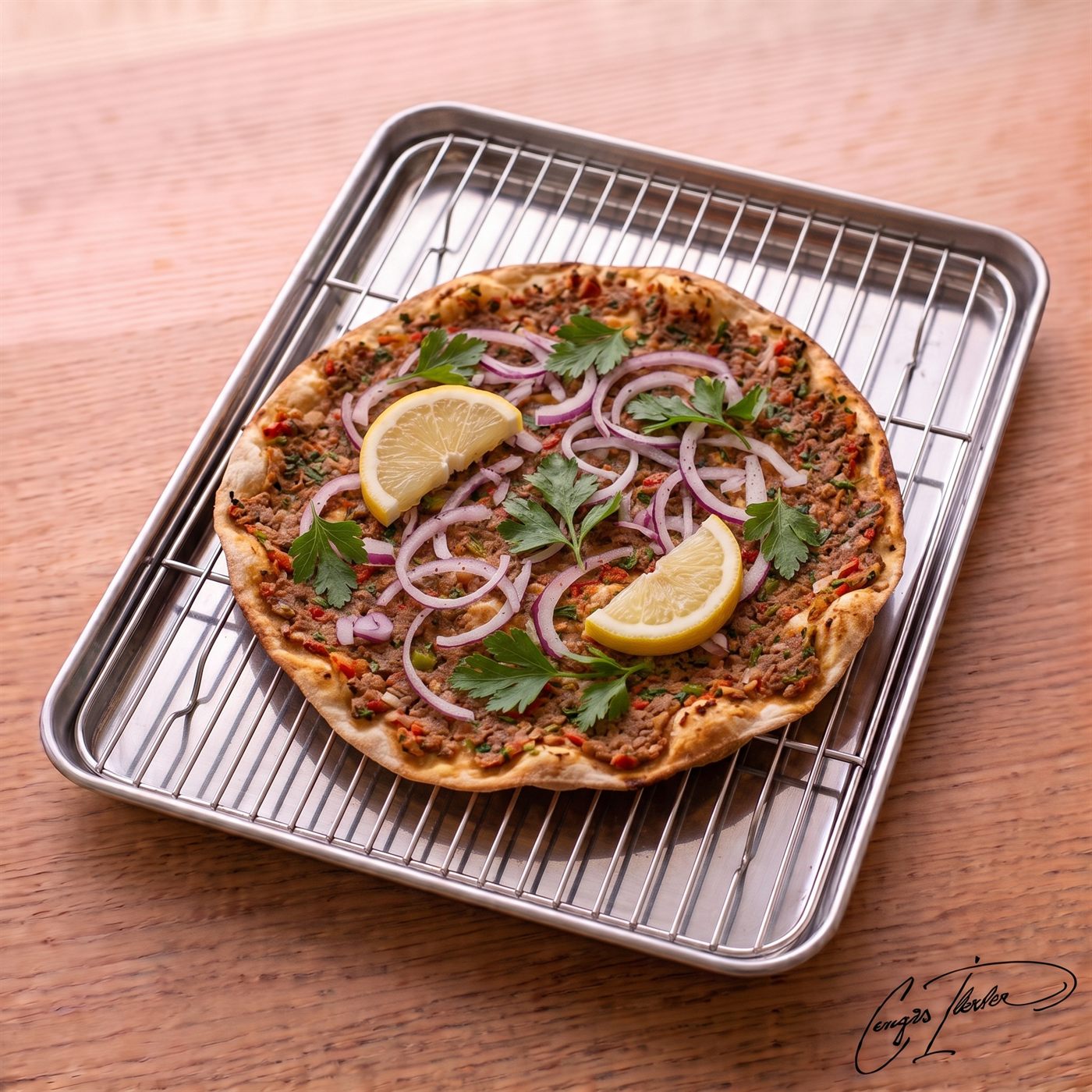 A crisp, thin round of lahmacun topped with minced meat, garnished with fresh parsley, red onion rings, and lemon wedges, resting on a metal cooling rack.