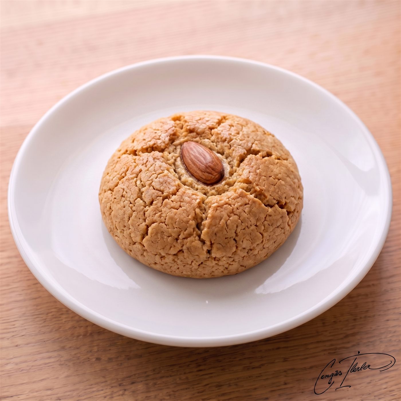 A single golden almond cookie with a whole almond pressed into its cracked top, on a white plate on a wooden table.