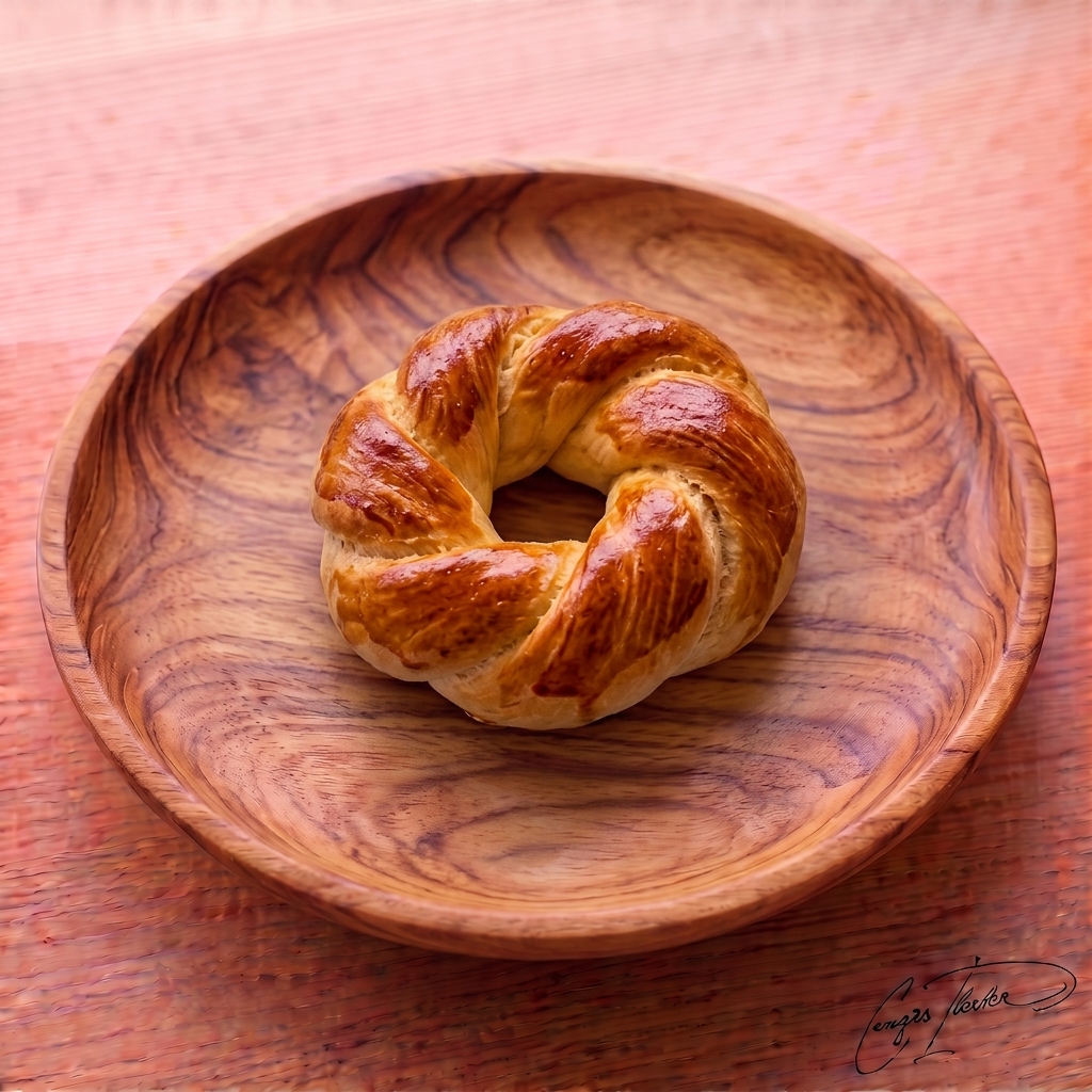 A single large, soft, ring-shaped açma with a shiny golden-brown crust and classic twisted texture, resting on a carved wooden plate.