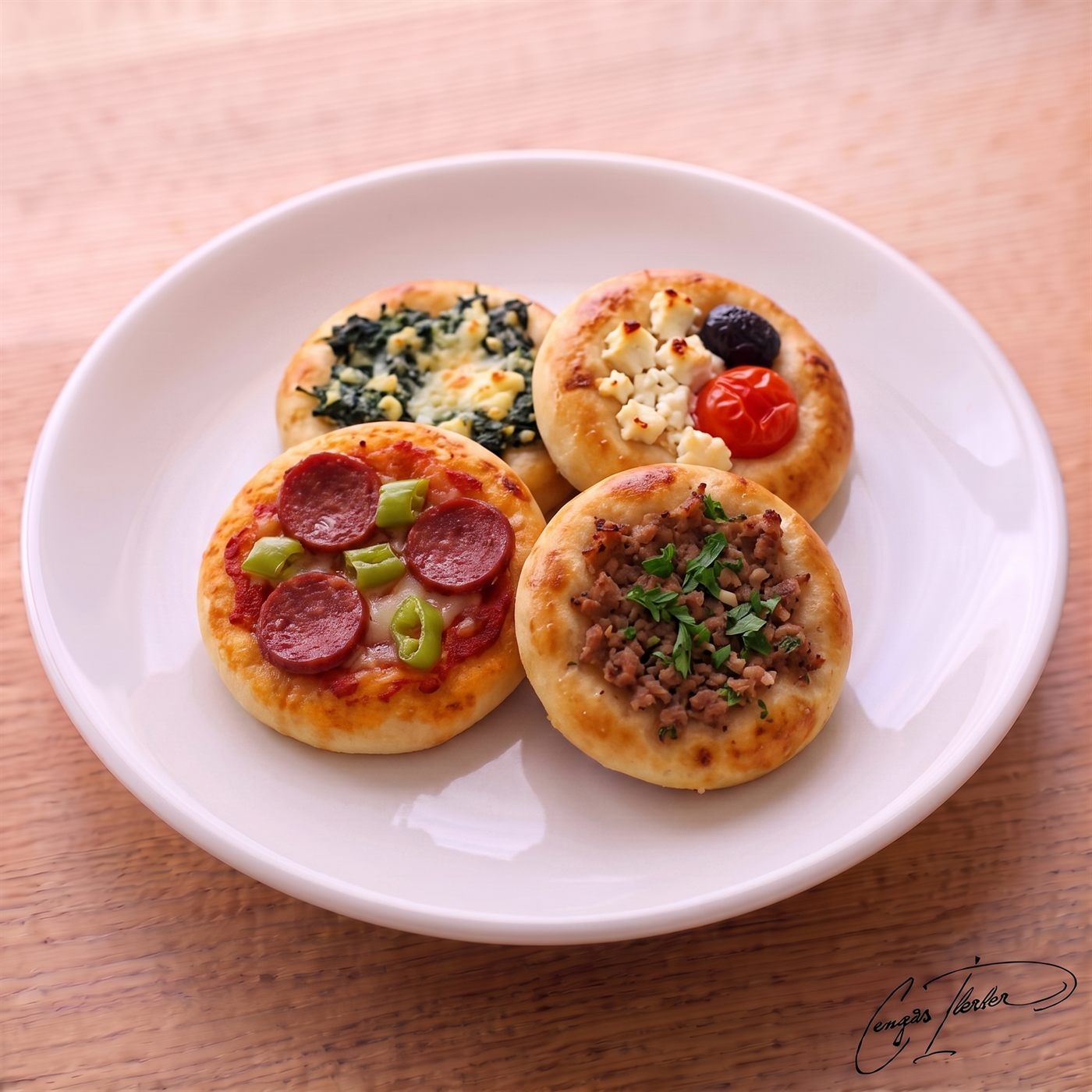 A white plate holding three small, round Turkish-style mini pizzas with assorted toppings including sausage, spinach, and ground meat.