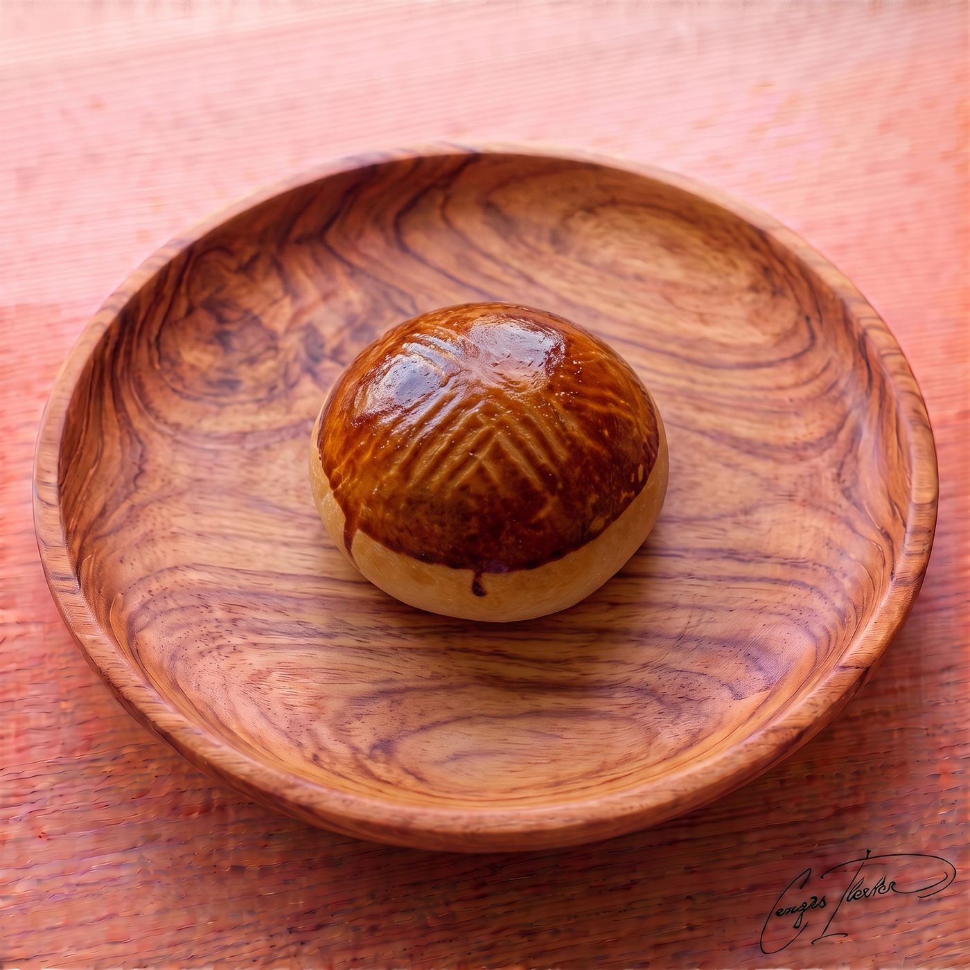 A round, golden-brown poğaça with a shiny egg-washed crust and a delicate crosshatch pattern on top, resting on a carved wooden plate.