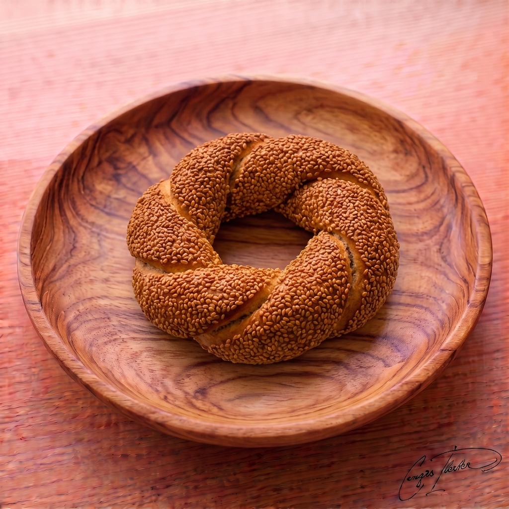 A single large, round Turkish simit — a twisted, circular bread heavily encrusted with toasted sesame seeds — resting on a carved wooden plate.