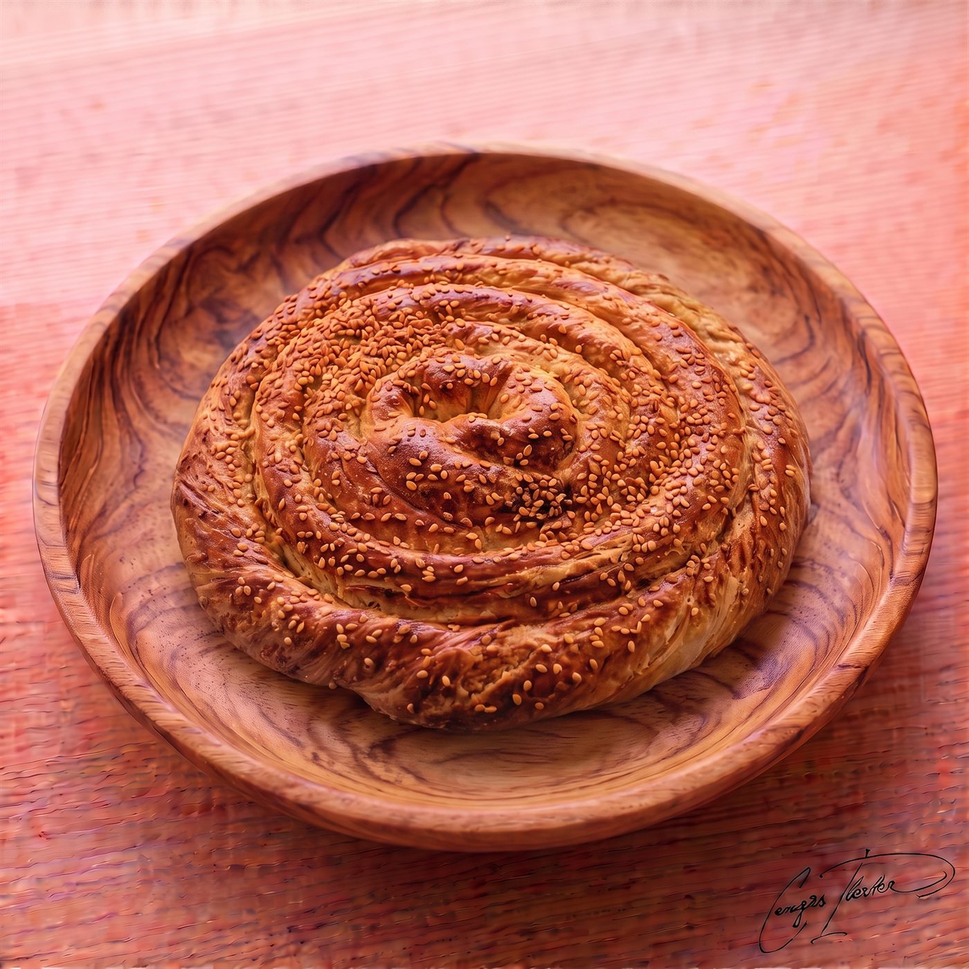 A large, round, spiraled tahinli çörek with a glossy, golden-brown crust generously sprinkled with sesame seeds, resting on a carved wooden plate.