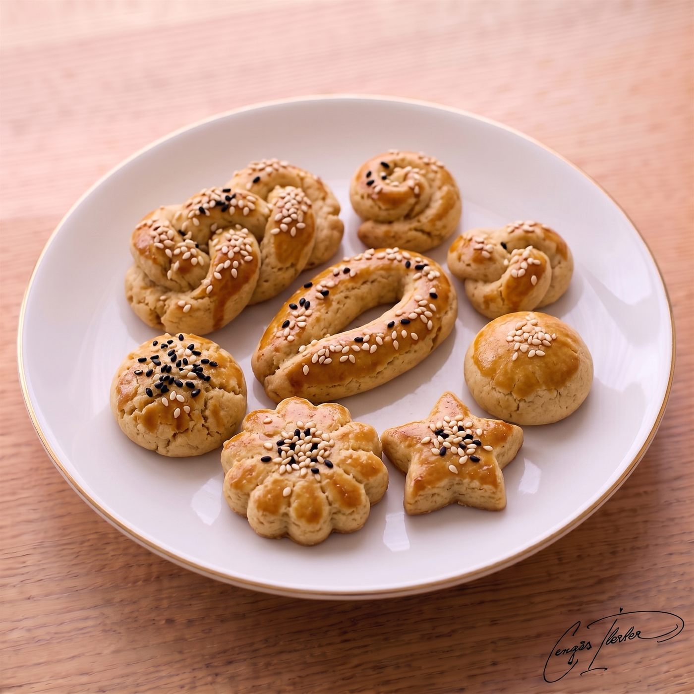 A white plate filled with an assortment of golden-baked Turkish savory pastries in various shapes — twists, stars, flowers, and rounds — sprinkled with white and black sesame seeds.