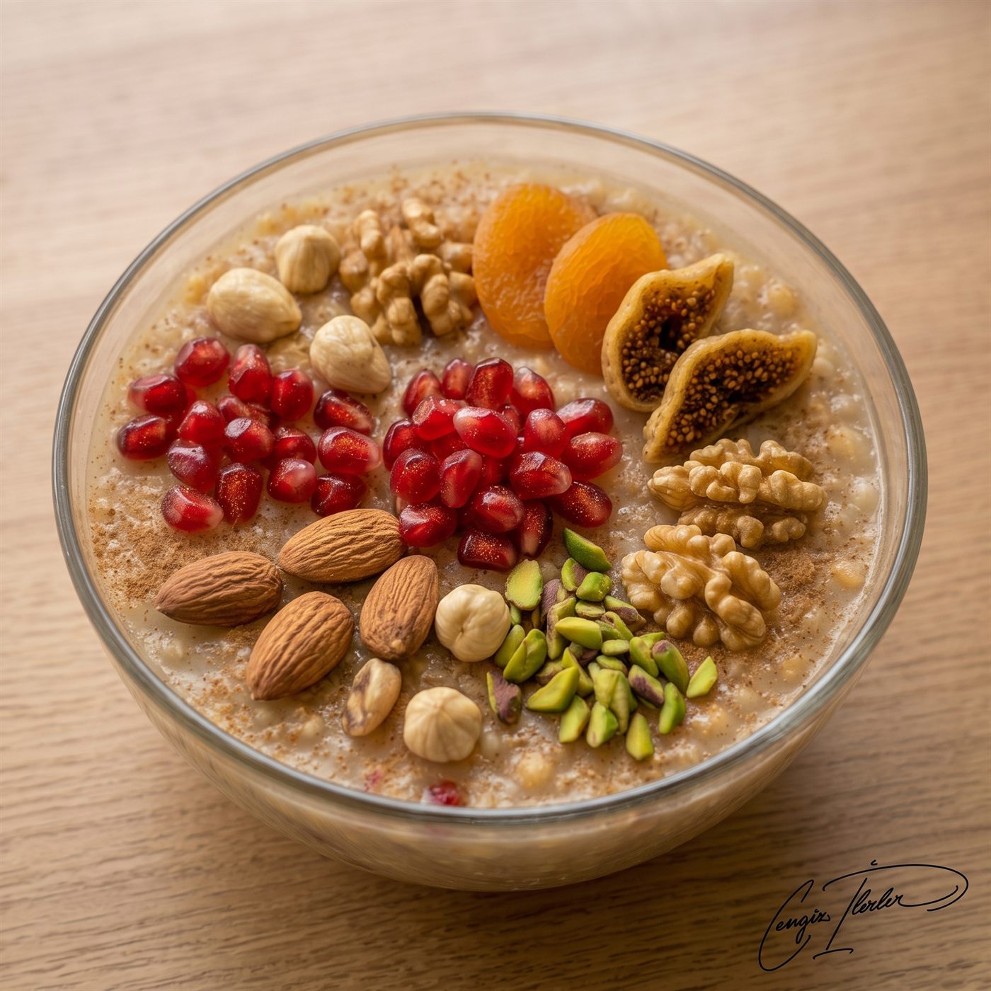 A bowl of aşure — garnished with pomegranate seeds, pine nuts, and cinnamon.