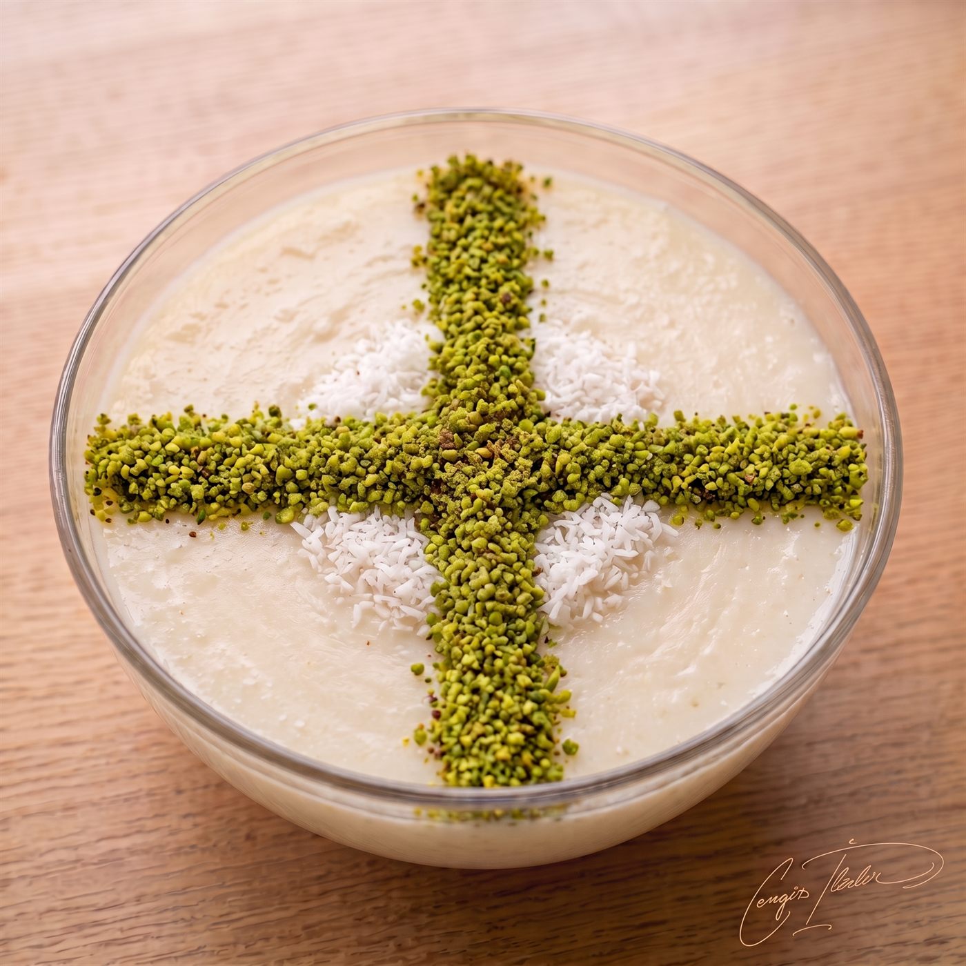 A glass bowl of keşkül — a cross of ground pistachio, a coconut diamond at the center, and a flower of blanched almonds on top.