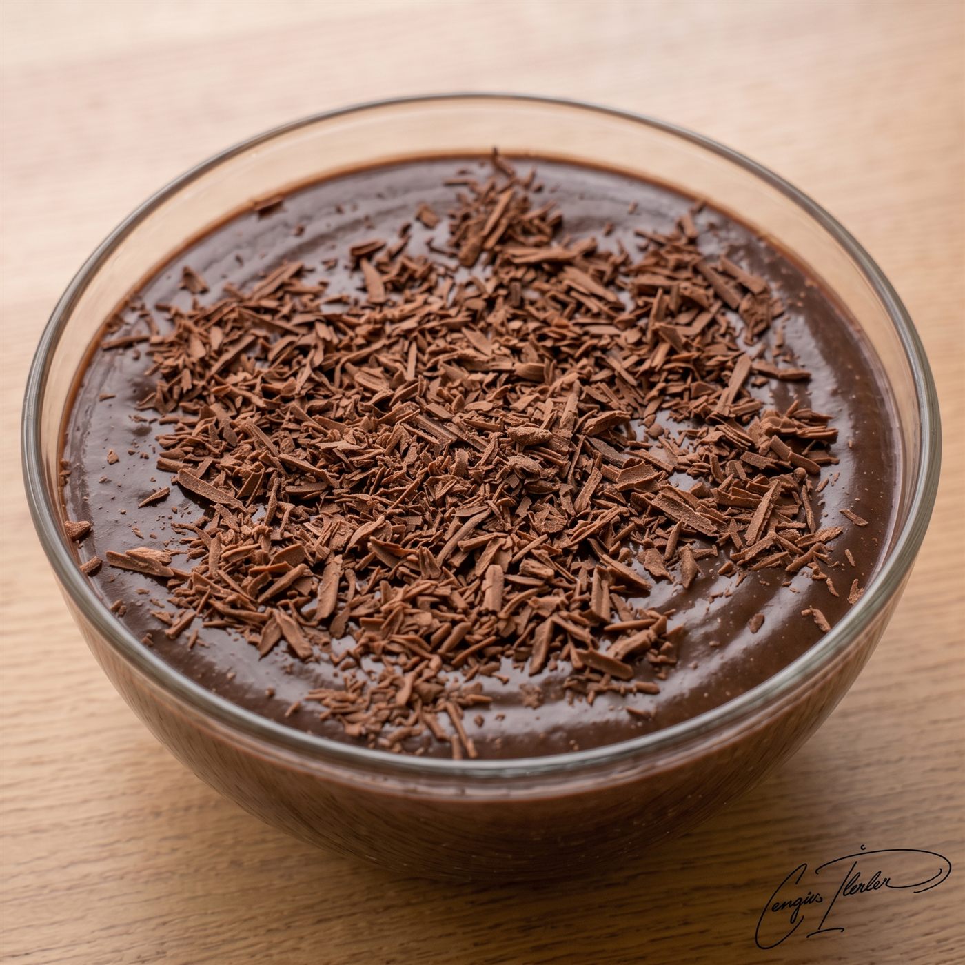 A glass bowl of glossy krem şokola topped with shaved chocolate.