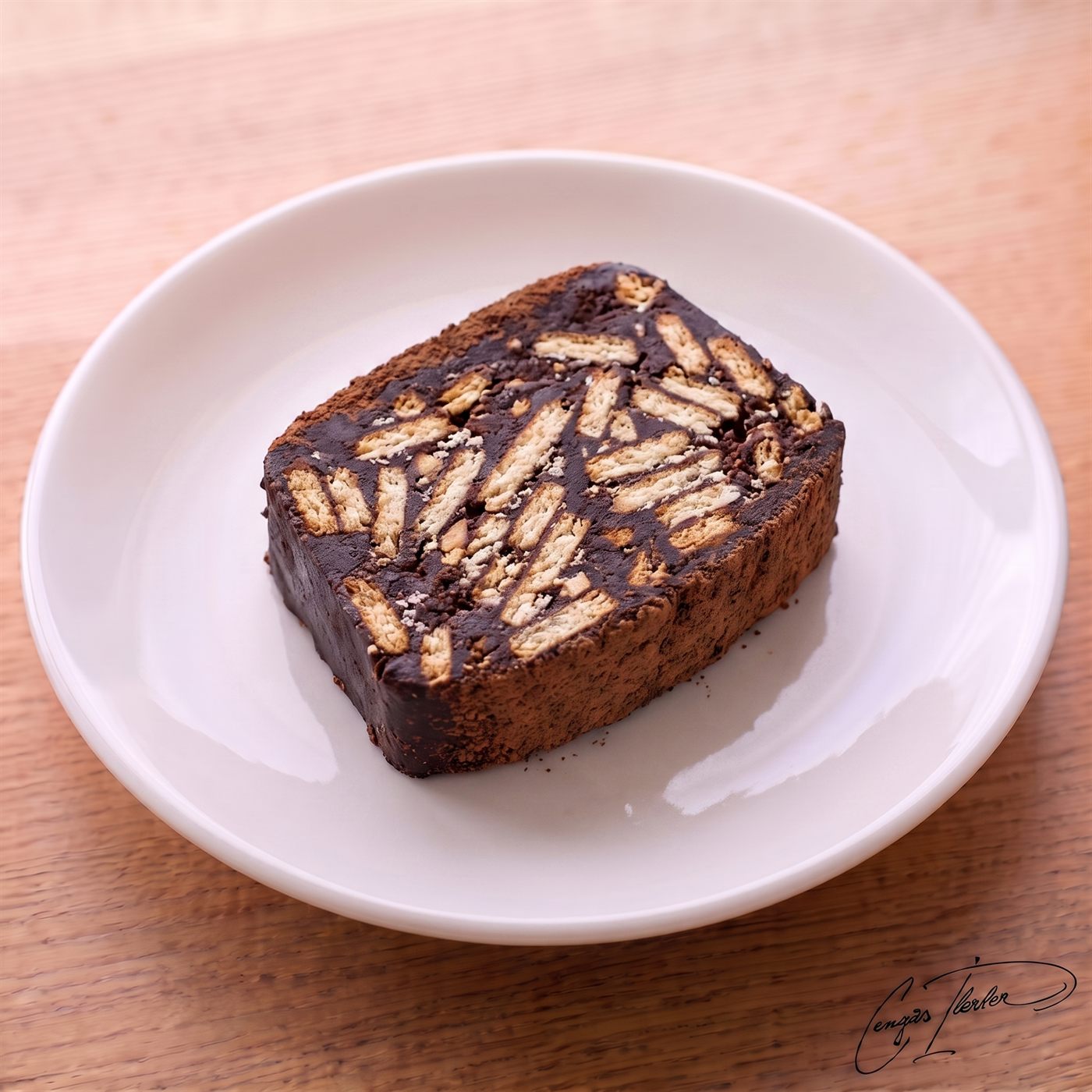 A thick slice of mozaik pasta (mosaic cake) on a white plate, packed with crushed biscuits bound together by a rich, dark chocolate sauce.
