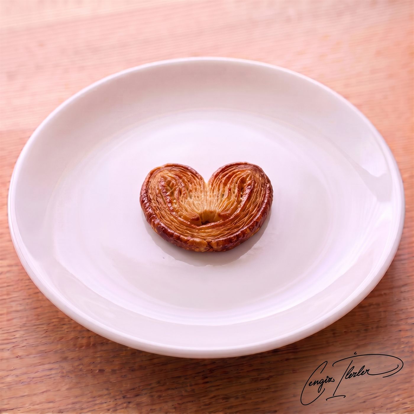 A single large, heart-shaped, deeply caramelized, flaky palmier pastry resting on a white plate on a wooden table.