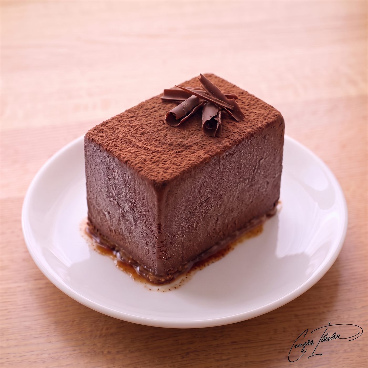 A rectangular chocolate parfait dusted with cocoa, topped with cocoa-dusted almonds and chocolate curls, on a white plate.