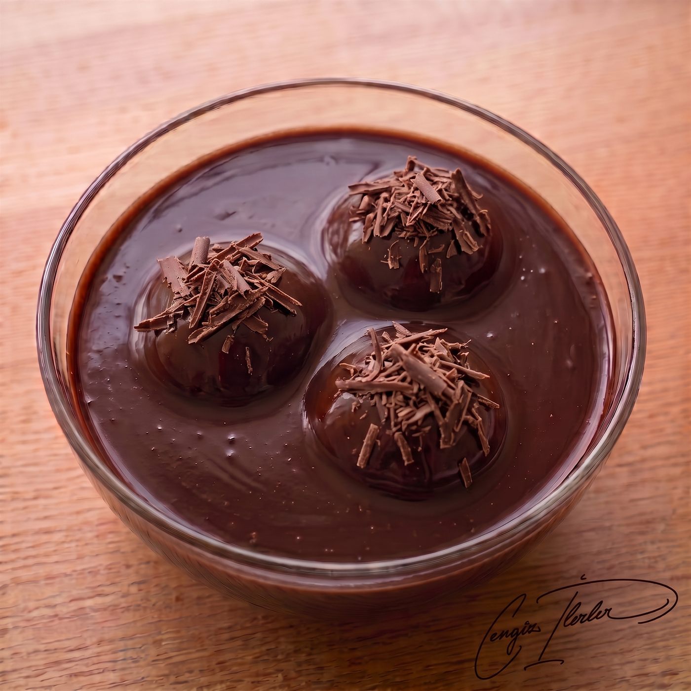 A bowl of profiteroles — cream-filled choux puffs under a pour of warm chocolate sauce.