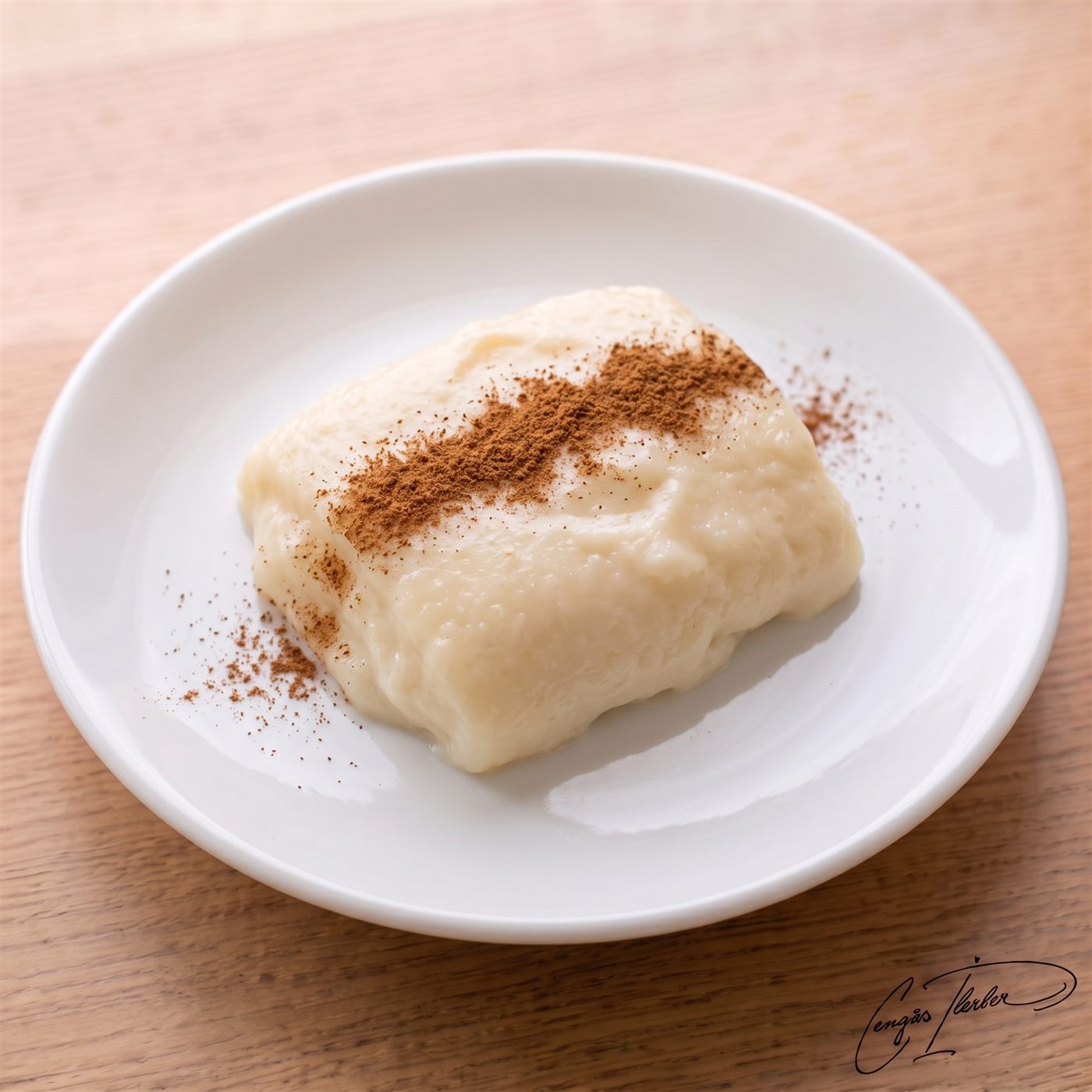 A rolled slice of tavuk göğsü on a white plate, dusted with cinnamon.