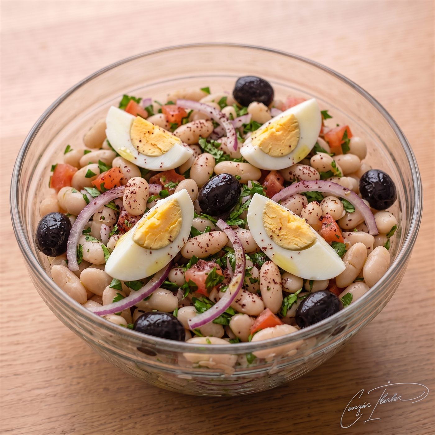 A glass bowl of piyaz salatası — white beans mixed with red onion, tomato, and parsley, garnished with black olives, hard-boiled egg quarters, and a dusting of sumac.