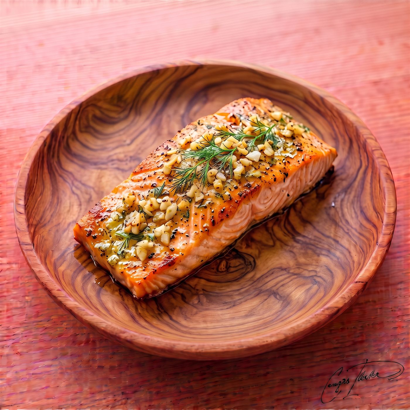 A perfectly grilled salmon fillet on a carved wooden plate, drizzled with olive oil and generously topped with minced garlic and fresh dill.