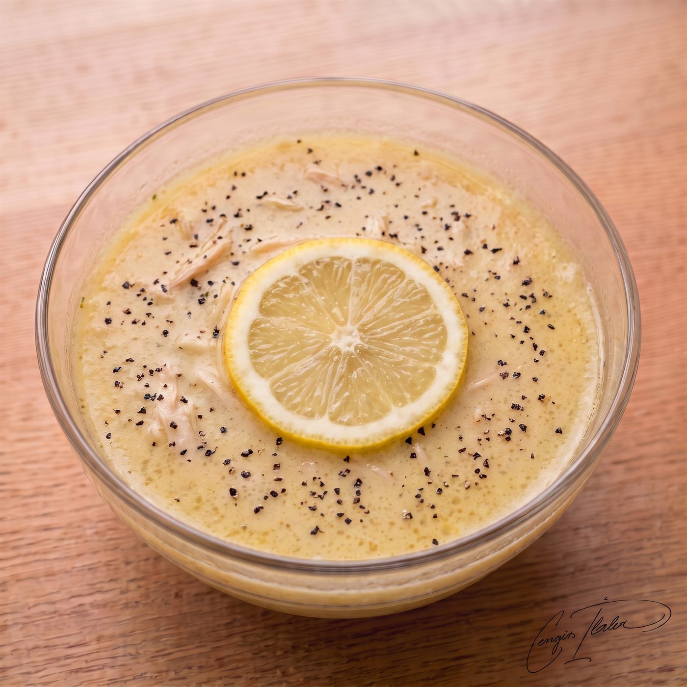 A glass bowl of golden tavuk suyu çorbası (chicken broth soup) on a wooden table, garnished with a slice of lemon and a sprinkle of black pepper.