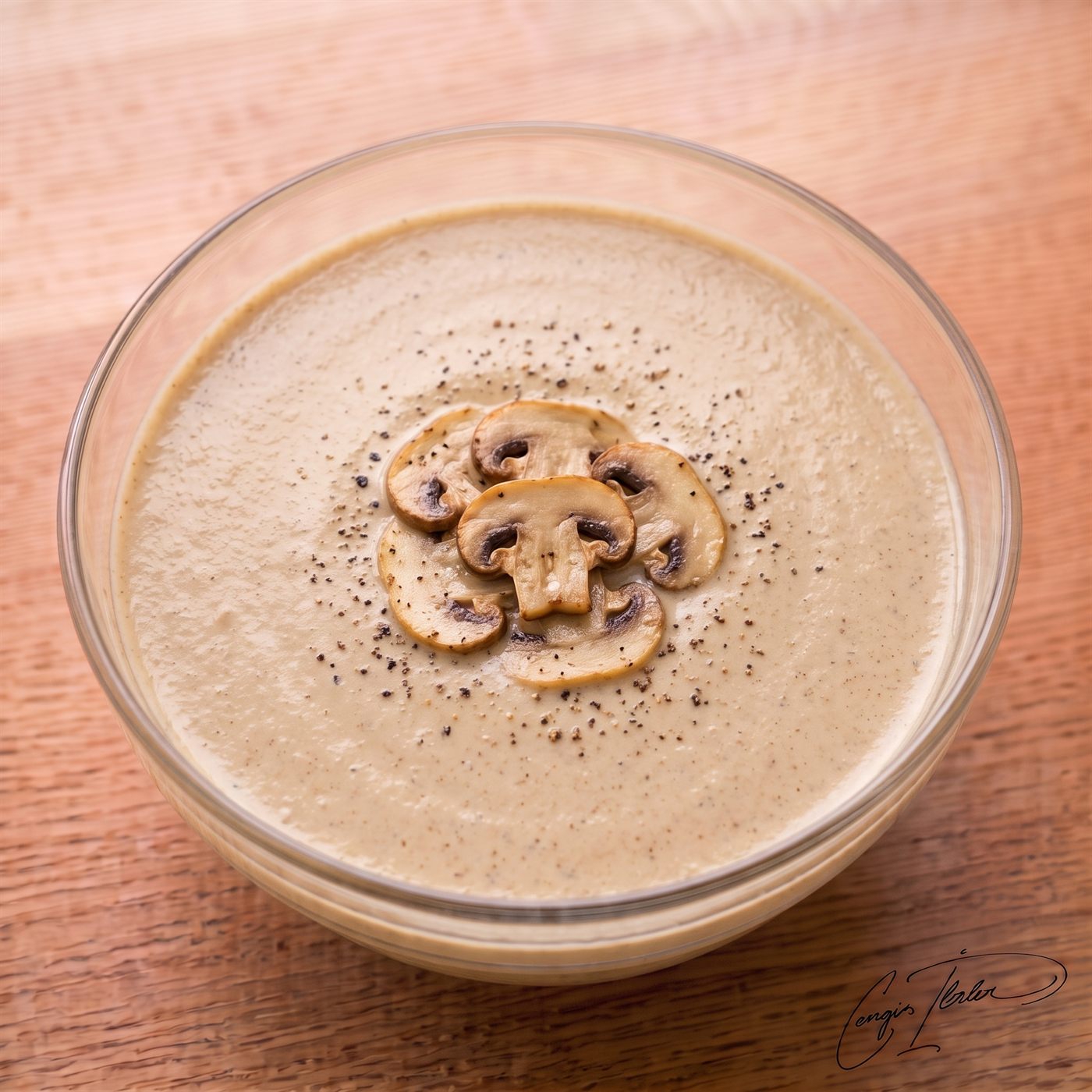 A glass bowl of creamy mushroom soup on a wooden table, beautifully garnished in the center with overlapping slices of sautéed mushrooms and a sprinkle of black pepper.