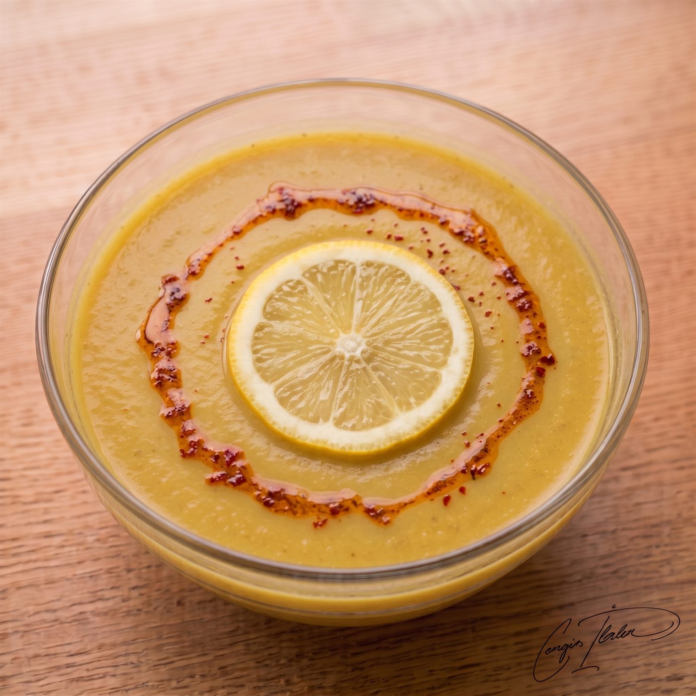 A glass bowl of smooth, yellow mercimek çorbası (lentil soup) on a wooden table, garnished with a slice of lemon and a swirl of red pepper flakes in oil.