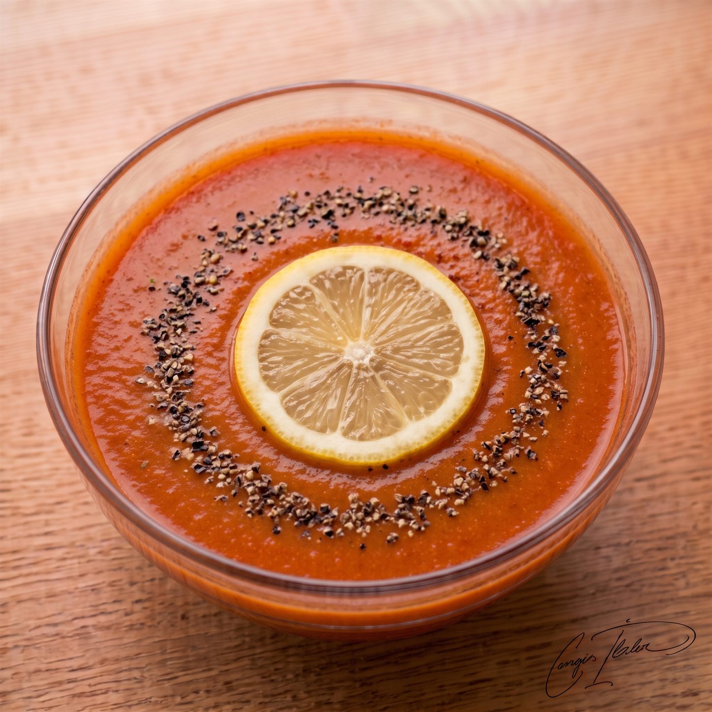 A glass bowl of rich red domates çorbası (tomato soup) on a wooden table, garnished with a slice of lemon and a ring of black pepper.