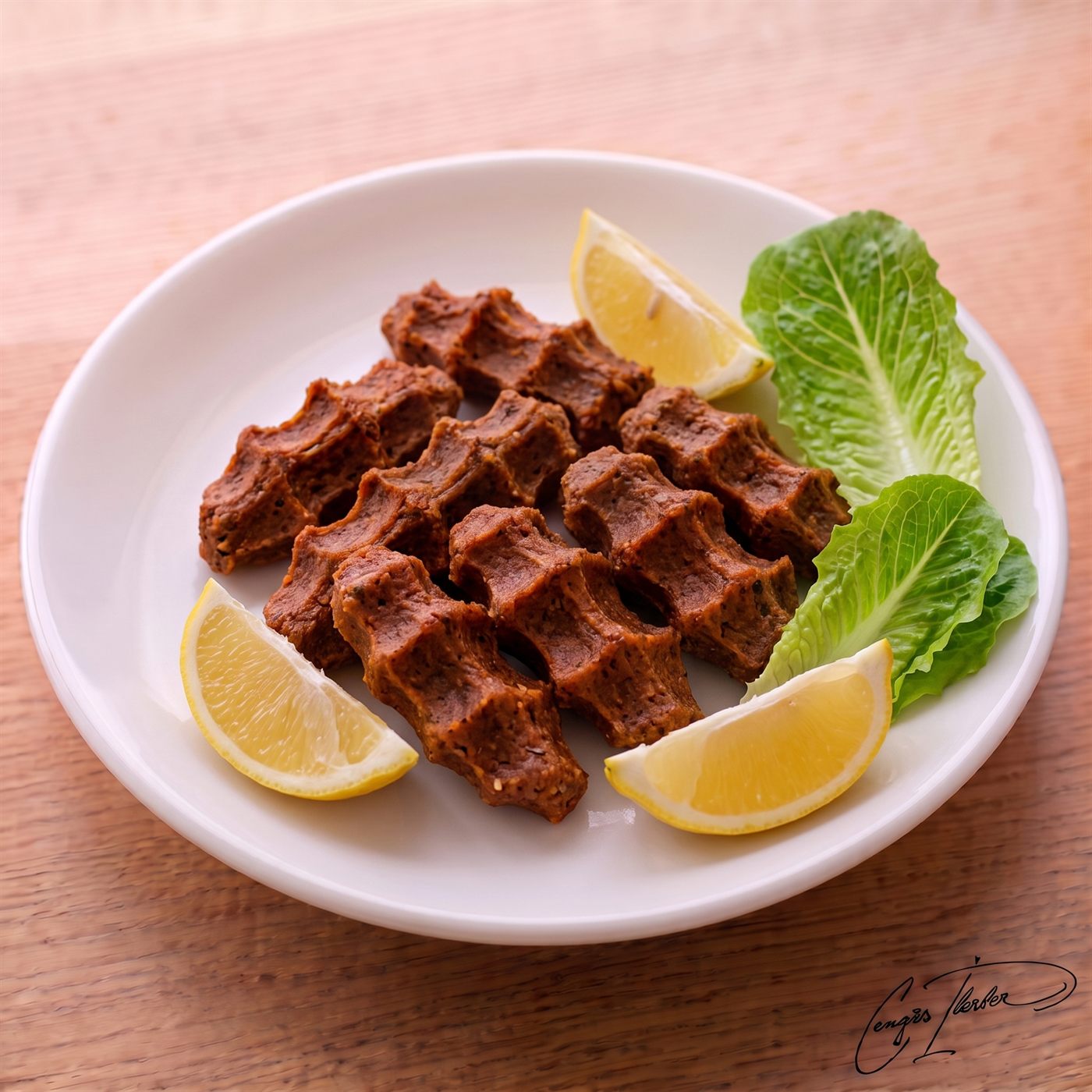 A white plate holding a neat arrangement of spicy, hand-kneaded çiğ köfte, served alongside crisp lettuce leaves and wedges of fresh lemon.