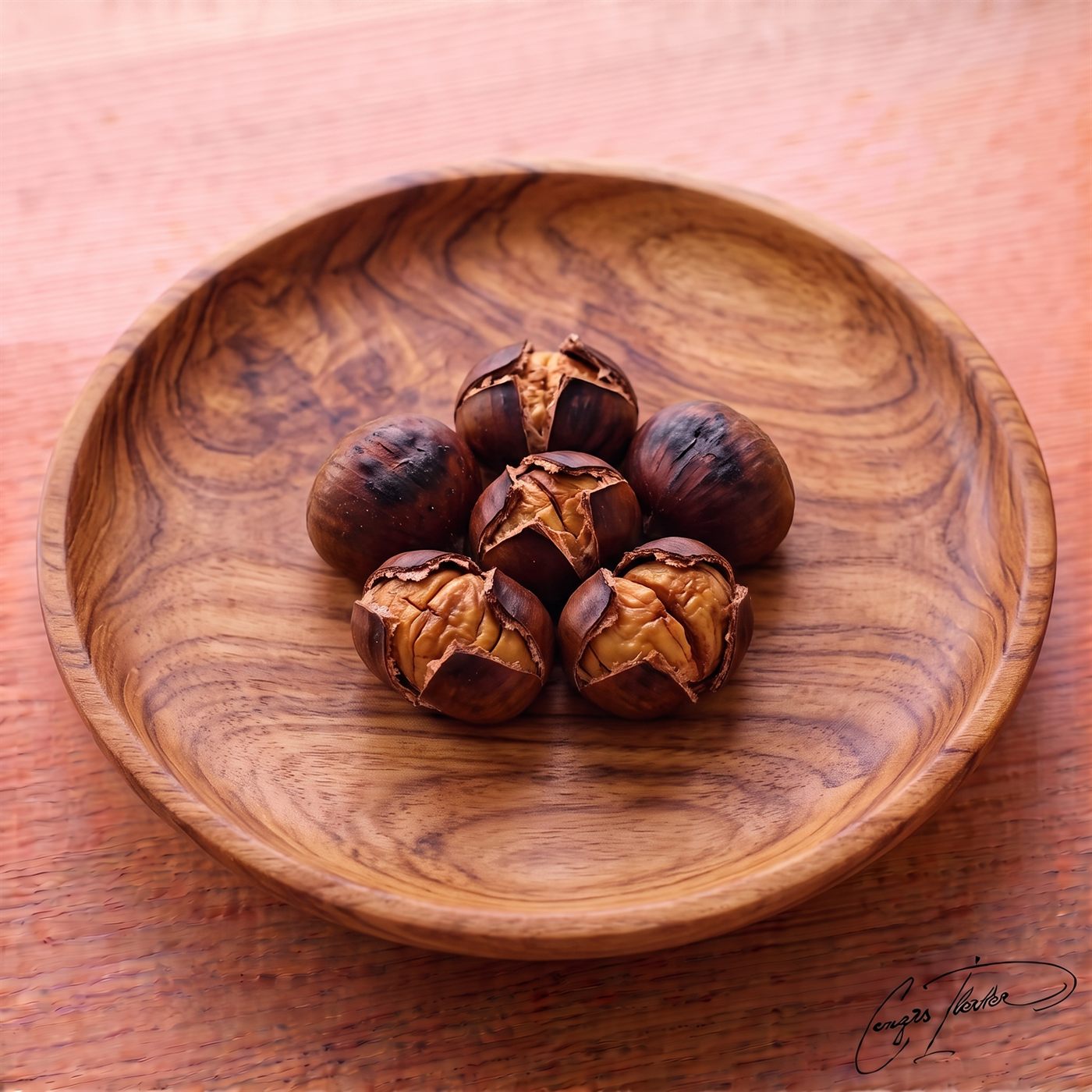 A cluster of roasted kestane kebap (chestnuts) in a wooden bowl, their dark, scored shells split open to reveal the warm, golden-brown nut inside.
