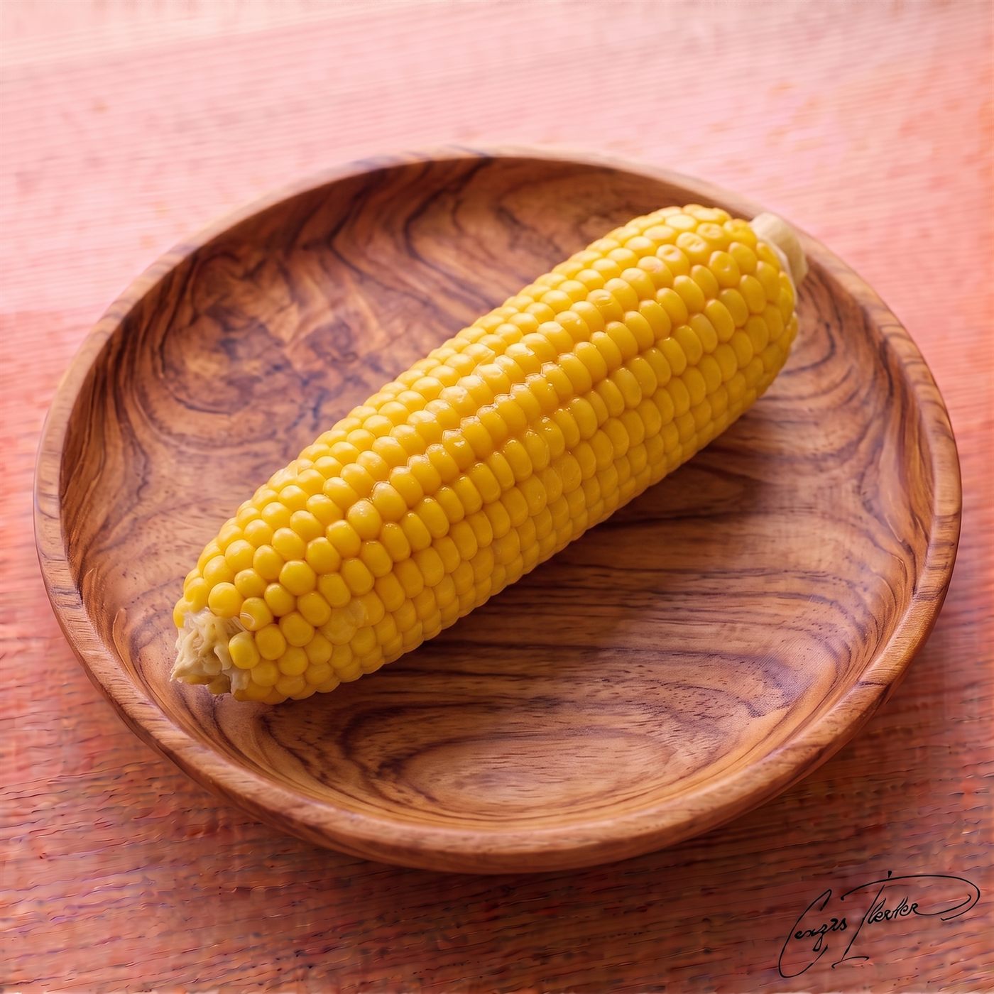 A bright yellow ear of boiled corn on the cob (mısır haşlama) resting on a carved wooden plate.