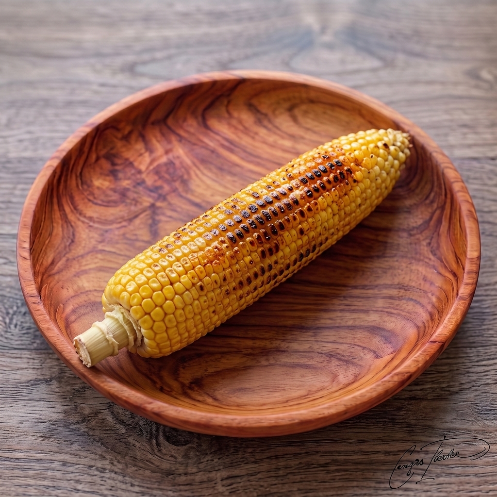 A whole roasted ear of corn (mısır kebap) with blackened grill marks, resting on a carved wooden plate.
