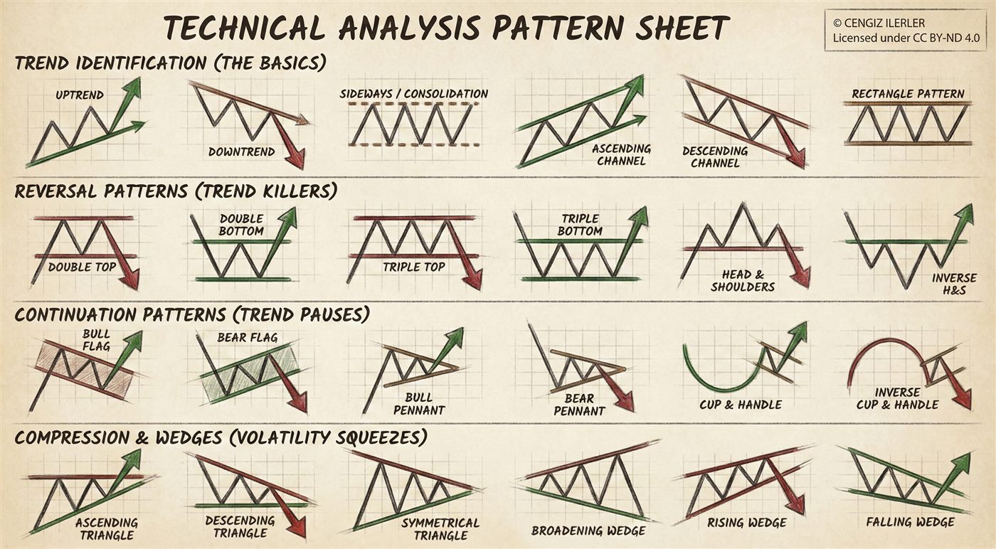 Technical Analysis Pattern Sheet — four hand-drawn bands: trend identification, reversal patterns, continuation patterns, and compression & wedges.